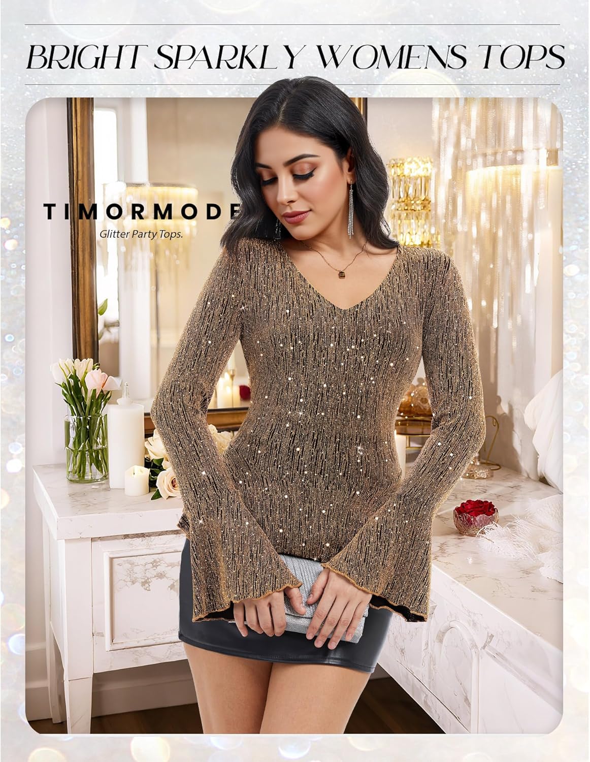 Sparkly Tops for Women Long Sleeve V Neck Ruffle Hem Sequin Shirts Glitter Blouses Evening Party Night - Image 4