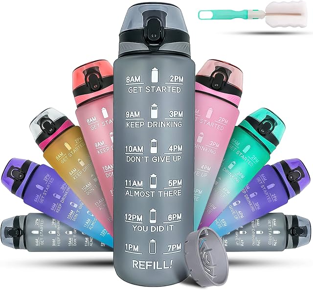 K-MART Water Bottle 1L Sports Water Bottle with Motivational Time Marker , Dishwasher Safe Leak-proof Drink Bottle BPA Free Non-Toxic for Running ,cycling, Gym, School & Office (Grey)