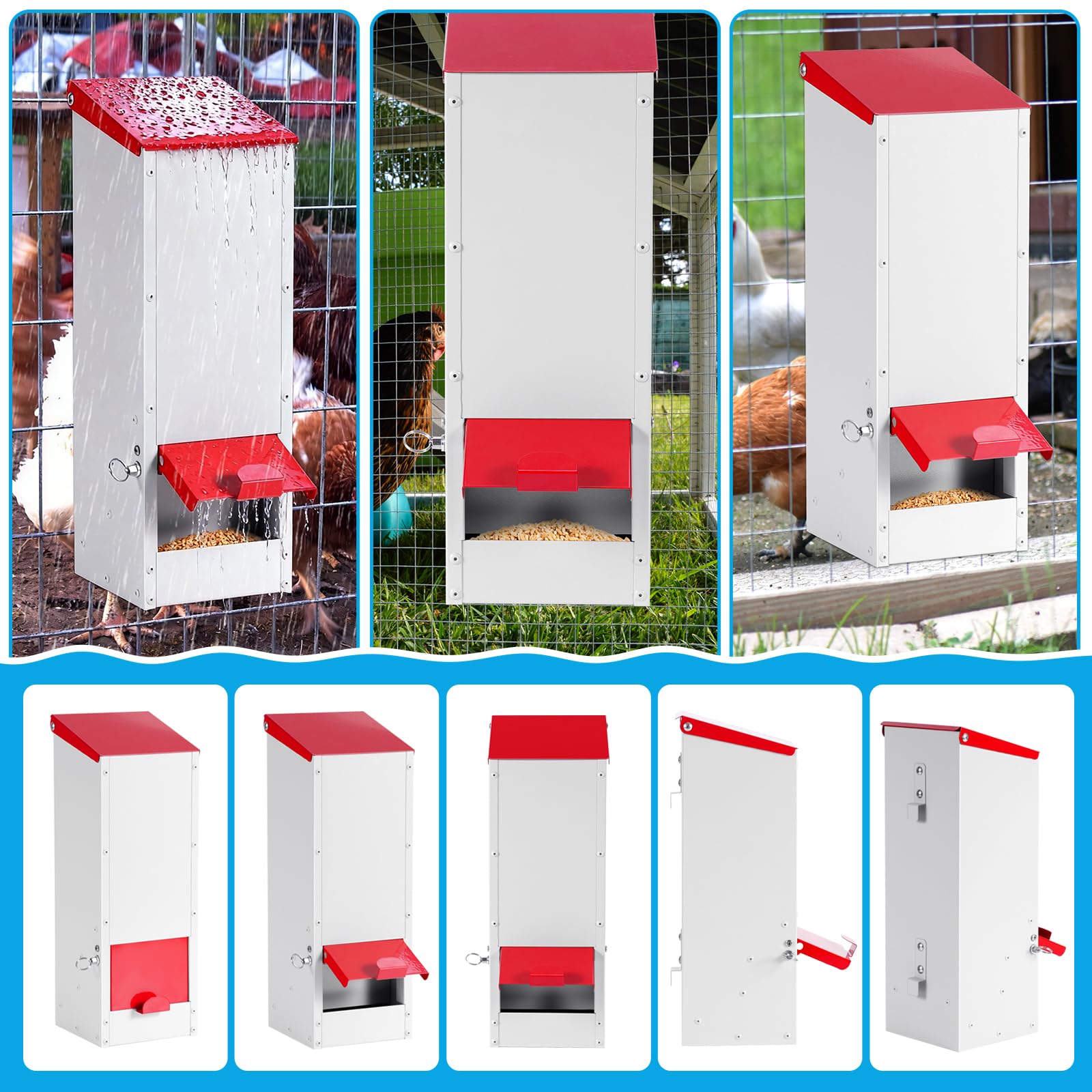Mangiatoia per Galline a Zincata 3 Kg, Alimentatore Automatico da Appendere, Tramoggia per Polli, Antipioggia Contenitore per Granaglie, Antitopo Antispreco