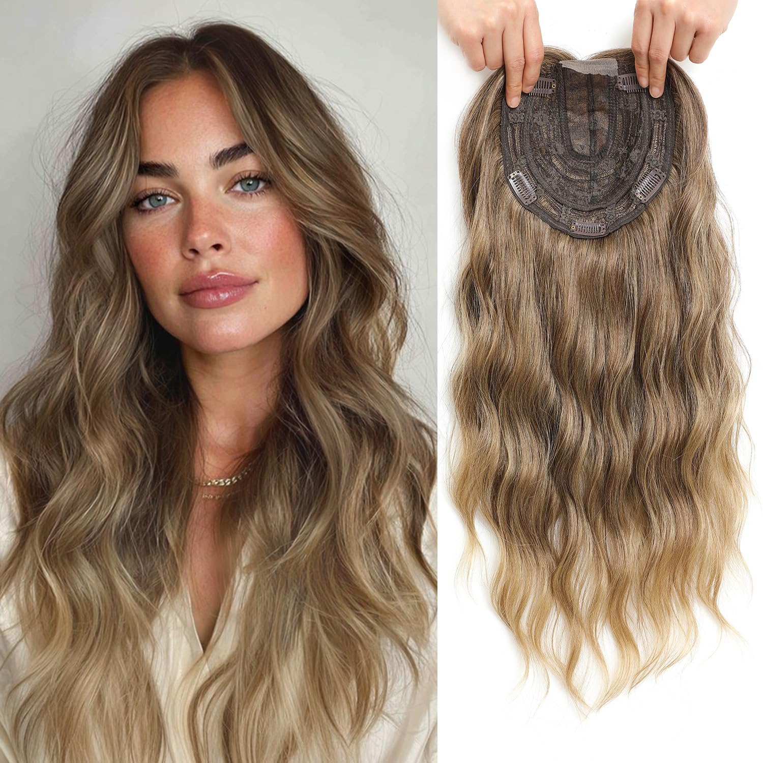 Photo 1 of 20 Inch Wavy Hair Topper for Women, Lightweight Breathable Clip-In Hairpiece with Side Bangs, Soft Natural Waves for Thinning Hair, Easy Wear, Comfortable Daily Use