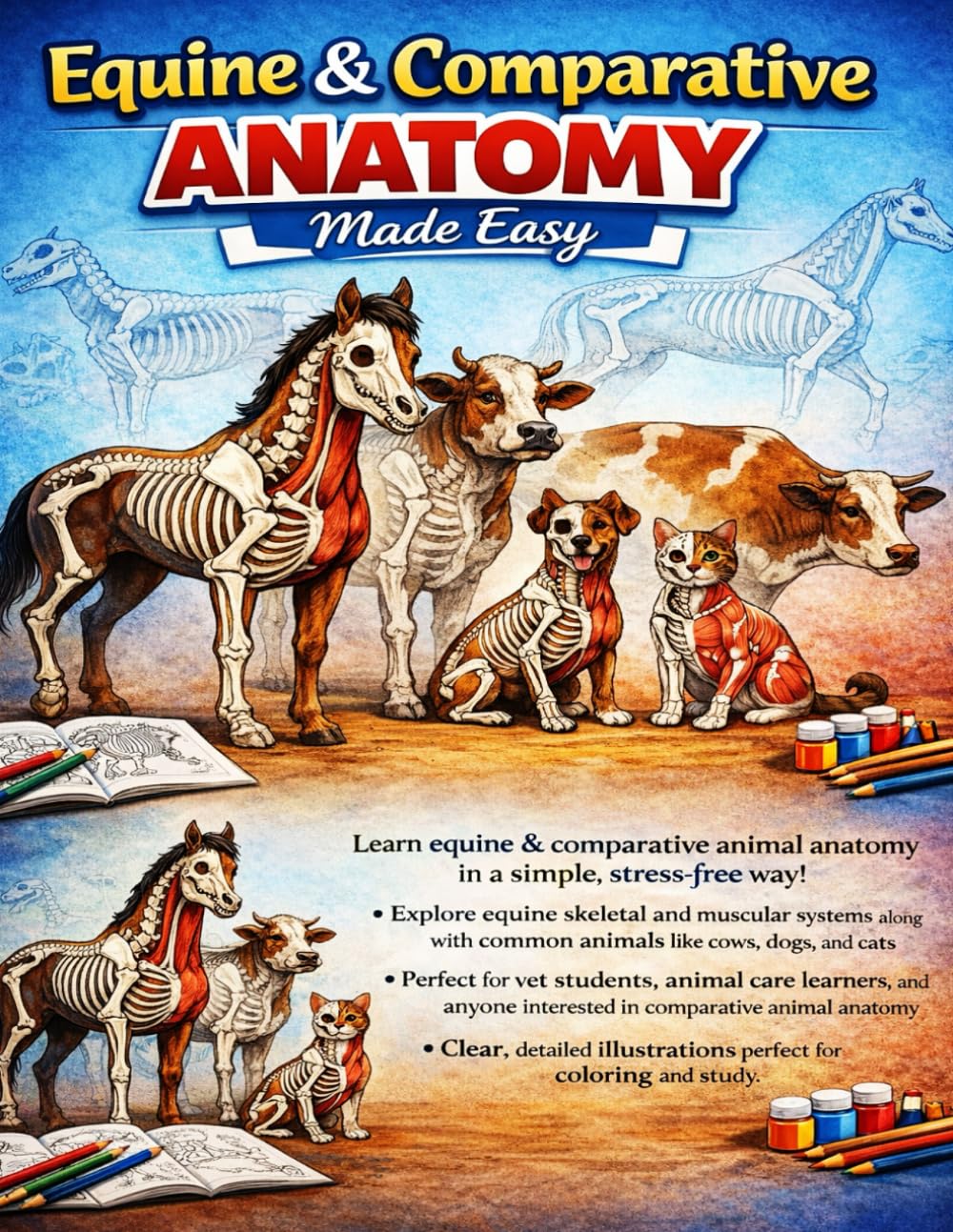 Equine & Comparative Anatomy Made Easy A Skeletal and Muscular System Coloring Book: Learn Horse, Cow, Dog, and Cat Anatomy Through Simple Coloring Pages