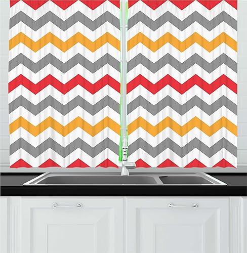 Ambesonne Cortinas de cocina con diseño de cheurón retro, diseño abstracto de ondas, felicidad, colores contrastantes, creatividad, juego de 2