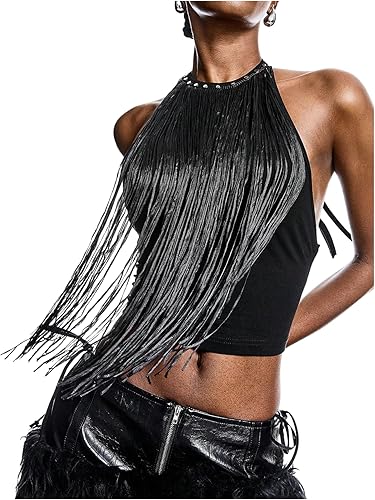 BEAUDRM Women's Tassel Halter Tops Sexy Fringe Sleeveless Tie Backless Going Out