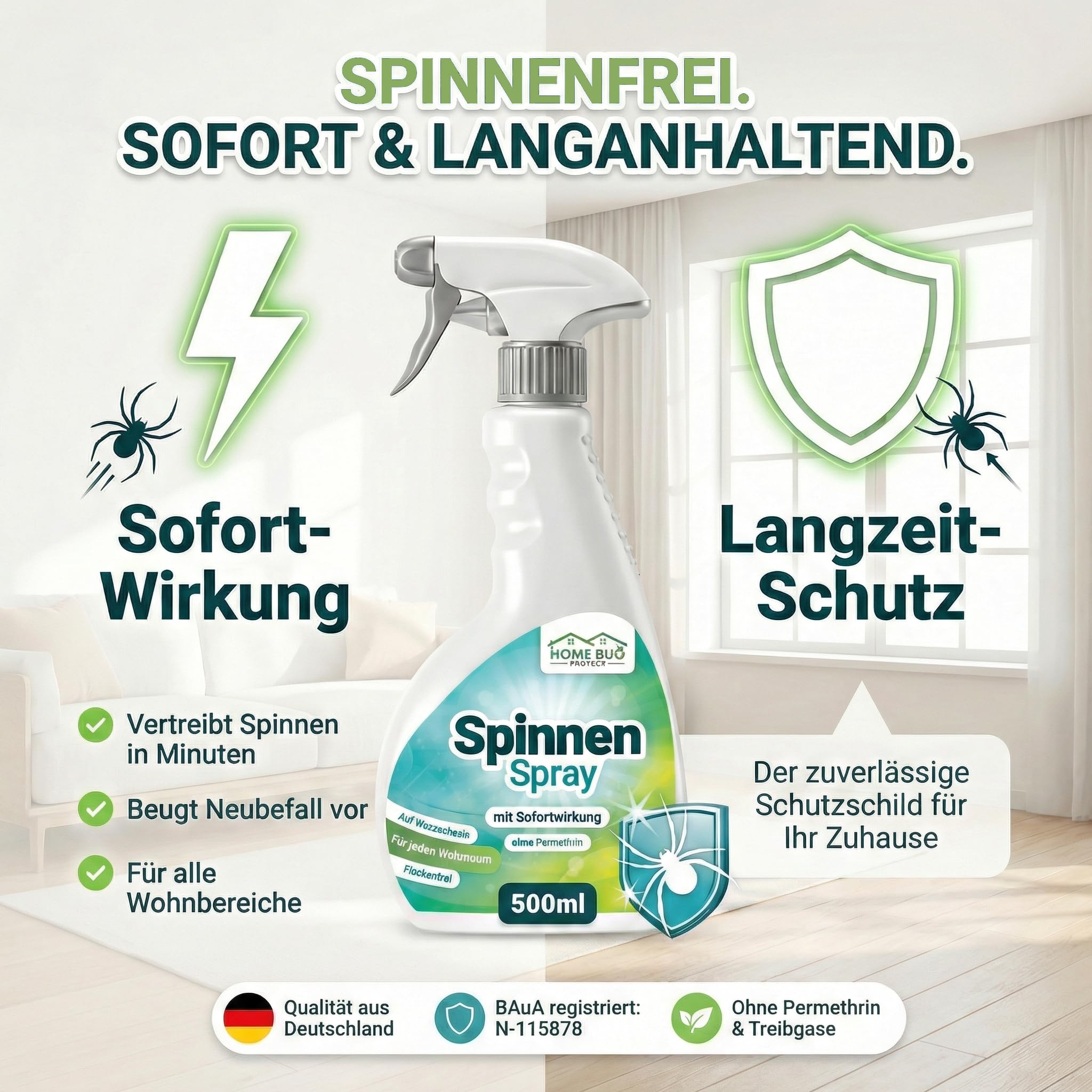 Spinnenspray 500ml Sprühflasche- Effektives Spinnen Spray zur zuverlässigen Spinnenabwehr im Haushalt - Anti Spinnenspray mit Sofortwirkung -
