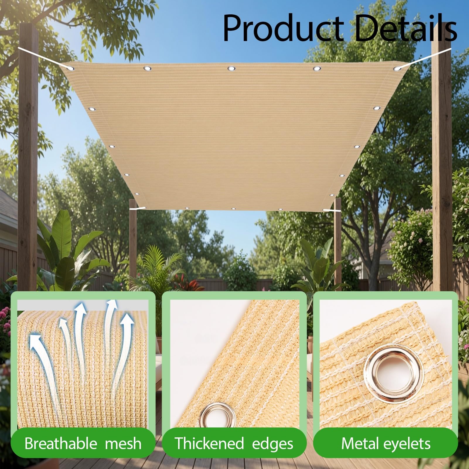 Żagiel Przeciwsłoneczny HDPE Prostokątny 220 x 340 cm Oddychający HDPE Oddychający Oczka Ze Stali Nierdzewnej Dla Patio, Dziedzińca I Basenu, Beżowy