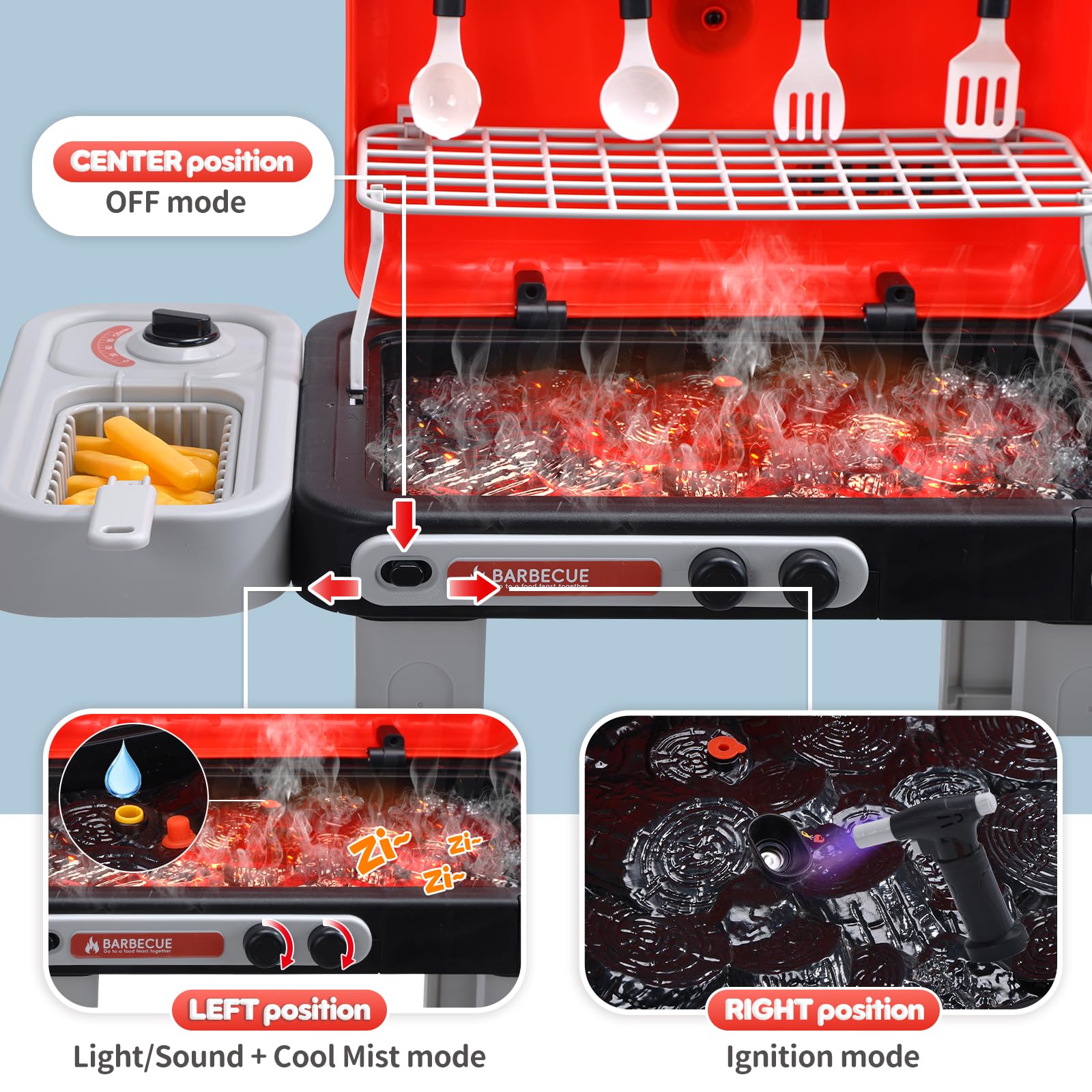 CUTE STONE Barbacoa de Juguete para niños con Comida Que Cambia de Color, Sonidos, Luces, Vapor, Juego de Cocina con Parrilla y sartén, Barbacoa de 2 Niveles con Ruedas – Regalo Ideal