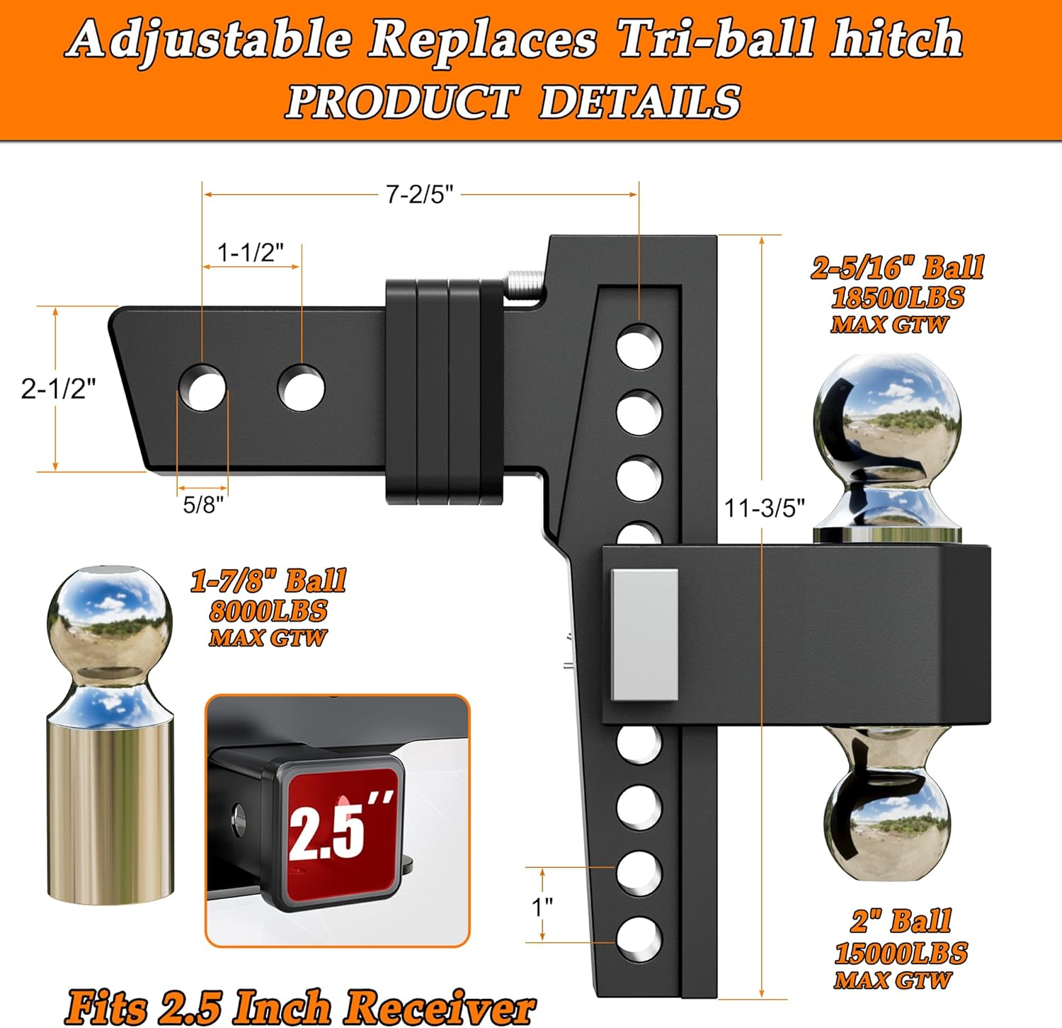 VNN Adjustable Drop Hitch - 8 Drop Hitch 2.5 Inch Receiver Black Interchangeable 3 Solid Ball Mount 1-7/8", 2", 2-5/16"(18,500 LBS GTW), Heavy Duty Aluminum Trailer with Pads and Locking Sets