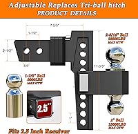 Vista 3 de VNN Enganche de Caída Ajustable - Enganche de Caída de 8 Pulgadas Receptor de 2.5 Pulgadas Negro Intercambiable 3 Monturas de Bola Sólidas