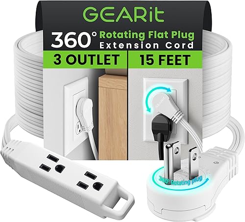 GEARit Cable de extensión de enchufe plano giratorio de 360 (4.57 m, blanco) Extensión múltiple de 3 tomas de corriente, cable de 16 AWG, adaptador