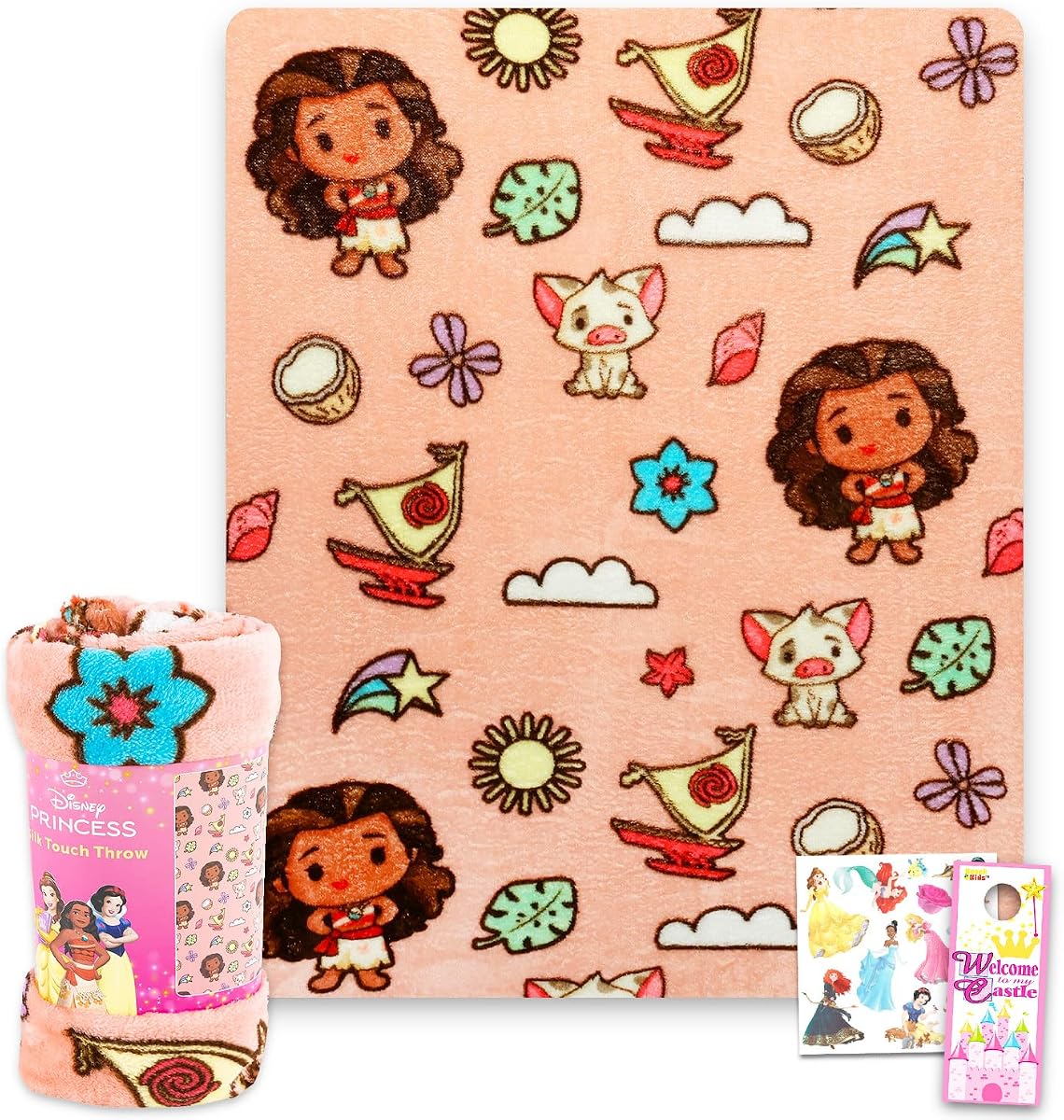 Juego de manta polar Disney Moana – Paquete con manta suave para niños pequeños y tatuajes, más para niños, niñas, niños pequeños, manta Moana de 40 x 50 pulgadas