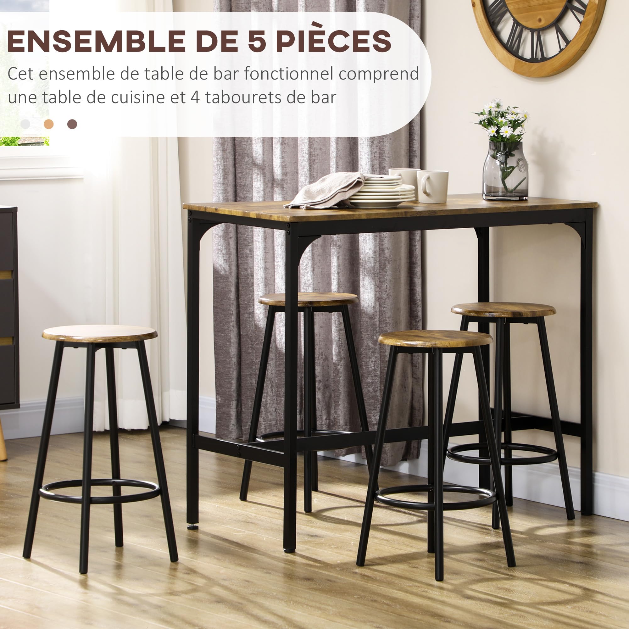 HOMCOM Ensemble Table de Bar bistrot avec 4 tabourets de Bar, Ensemble Table Haute Cuisine et tabourets, avec Repose-Pieds, Style Moderne, structutre en métal, pour Cuisine, Salle à Manger, Marron