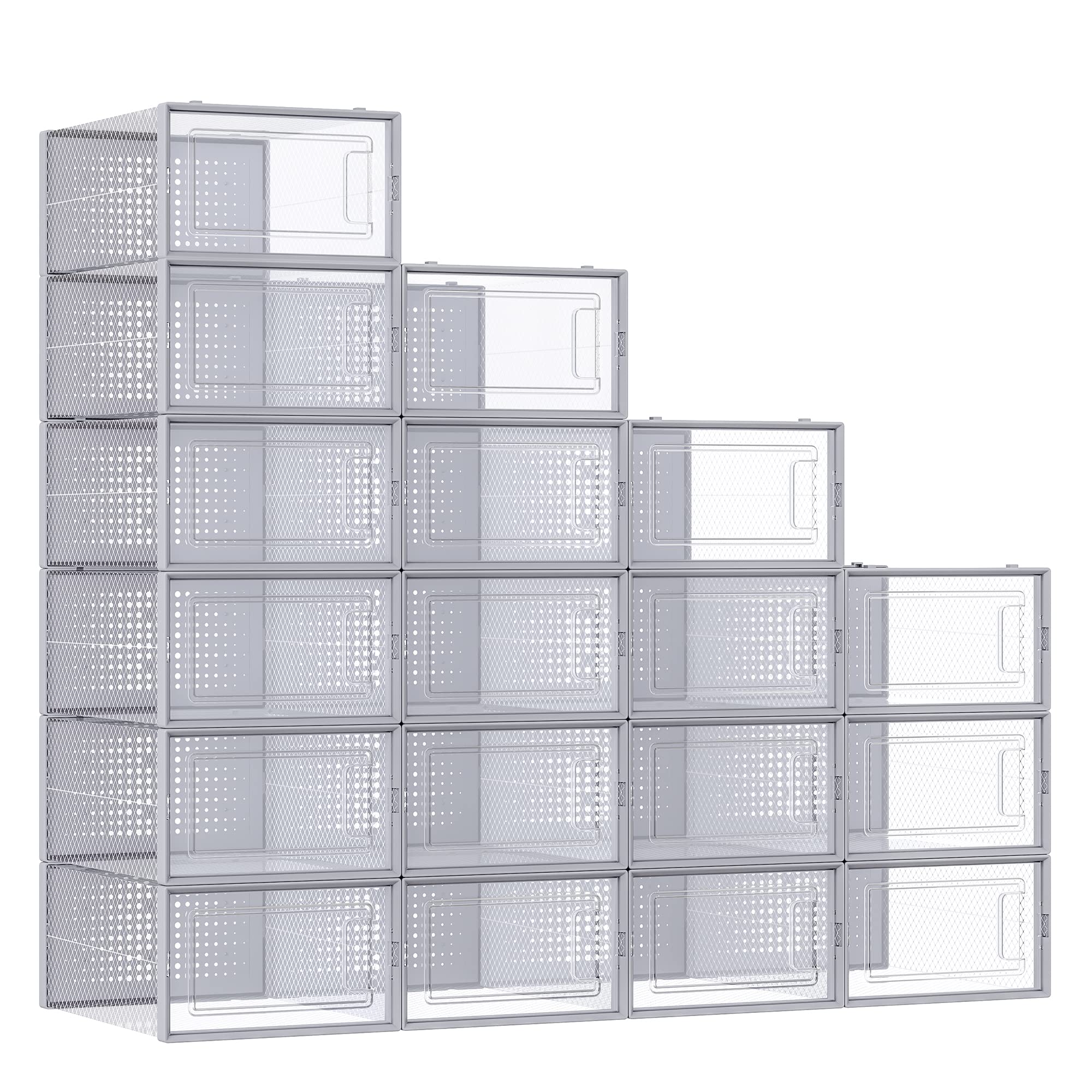 SONGMICS Shoe Boxes, Pack of 18 Stackable Shoe Storage Organisers, Foldable and Versatile for Sneakers, Fit up to UK Size 11, Transparent and Grey LSP006G18-image-28