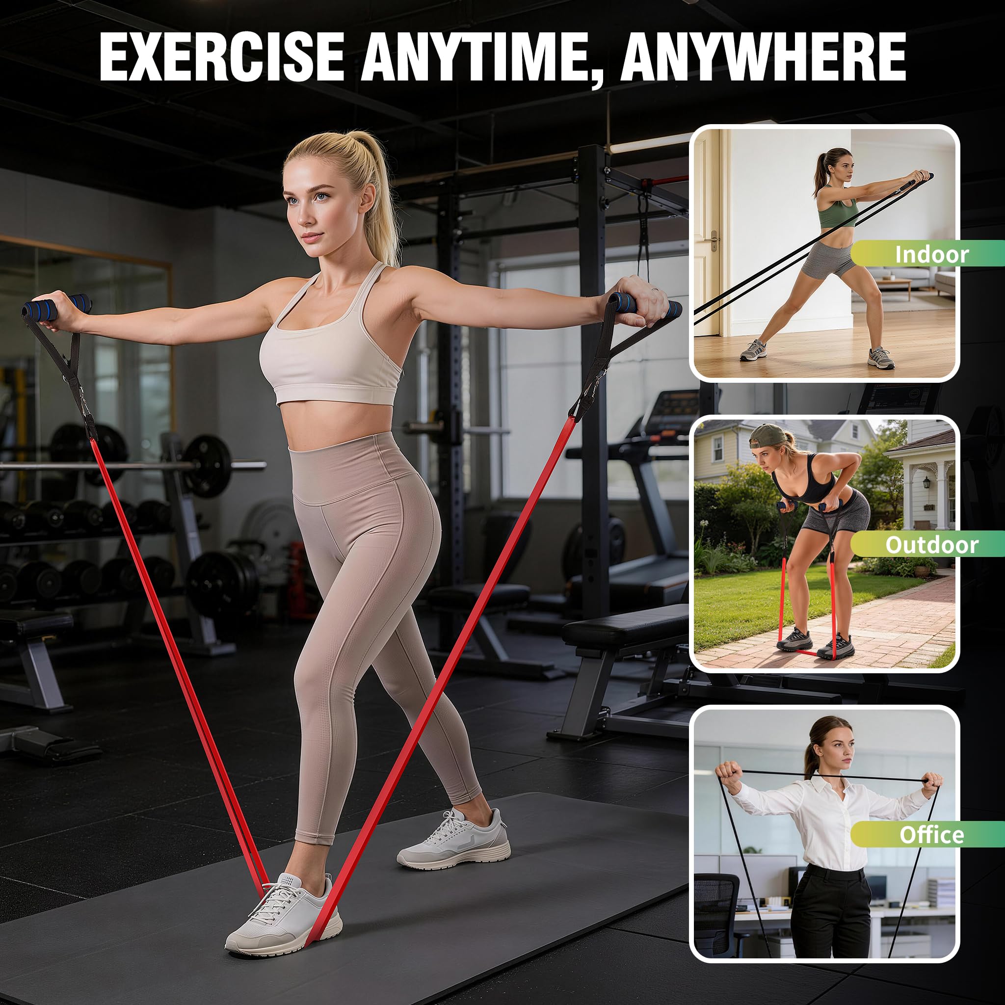 Widerstandsbänder Set 5 Stufen mit Anker, Griffen, Tasche, Trainingsanleitung, für Muskelaufbau, Yoga, Fitness