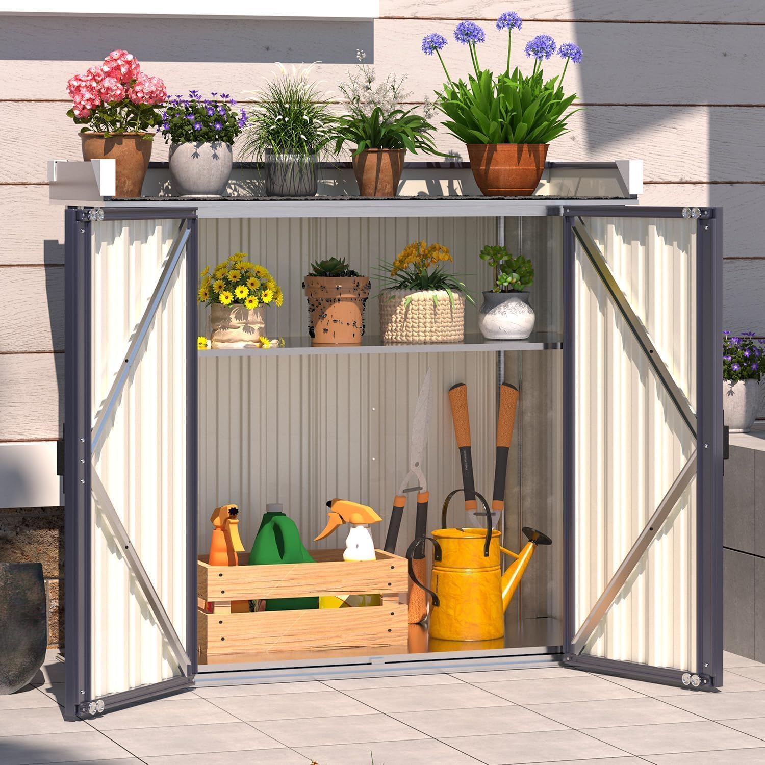 YODOLLA Pflanztisch mit verstellbaren Regalen, 97x34x93cm wetterfester Gartenschrank für den Außenbereich, Metall Gartenaufbewahrung mit Arbeitsplatte, Grau