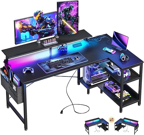 ODK Escritorio para juegos de 48 pulgadas con puertos de carga USB y luces LED, escritorio reversible en forma de L con estantes de almacenamiento y