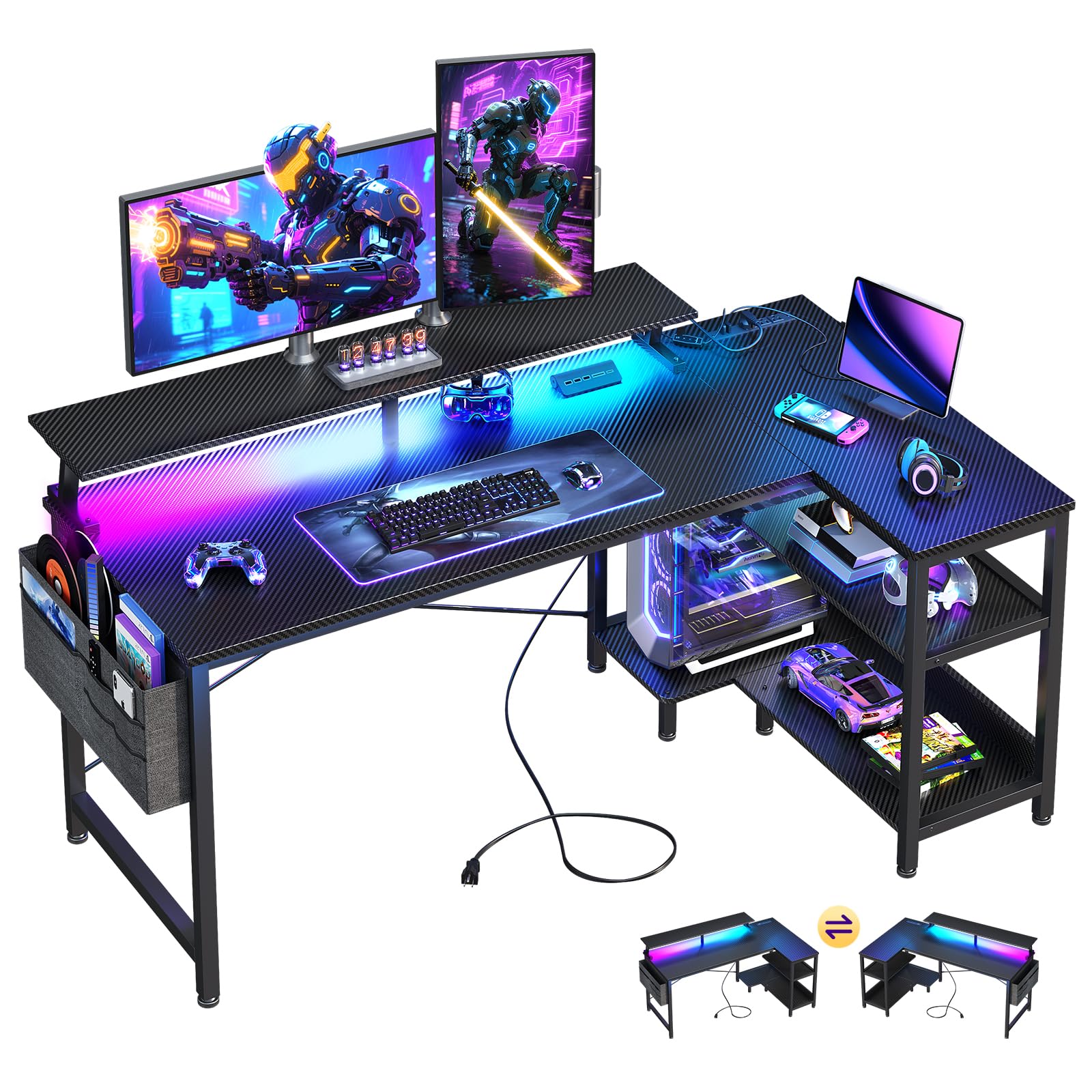 ODK 48 Inch Gaming Desk with USB Charging Ports and LED Lights, Reversible L Shaped Computer Desk with Storage Shelves & Monitor Stand, Corner Gamer Desk Table with Power Outlets, Carbon Fiber Black