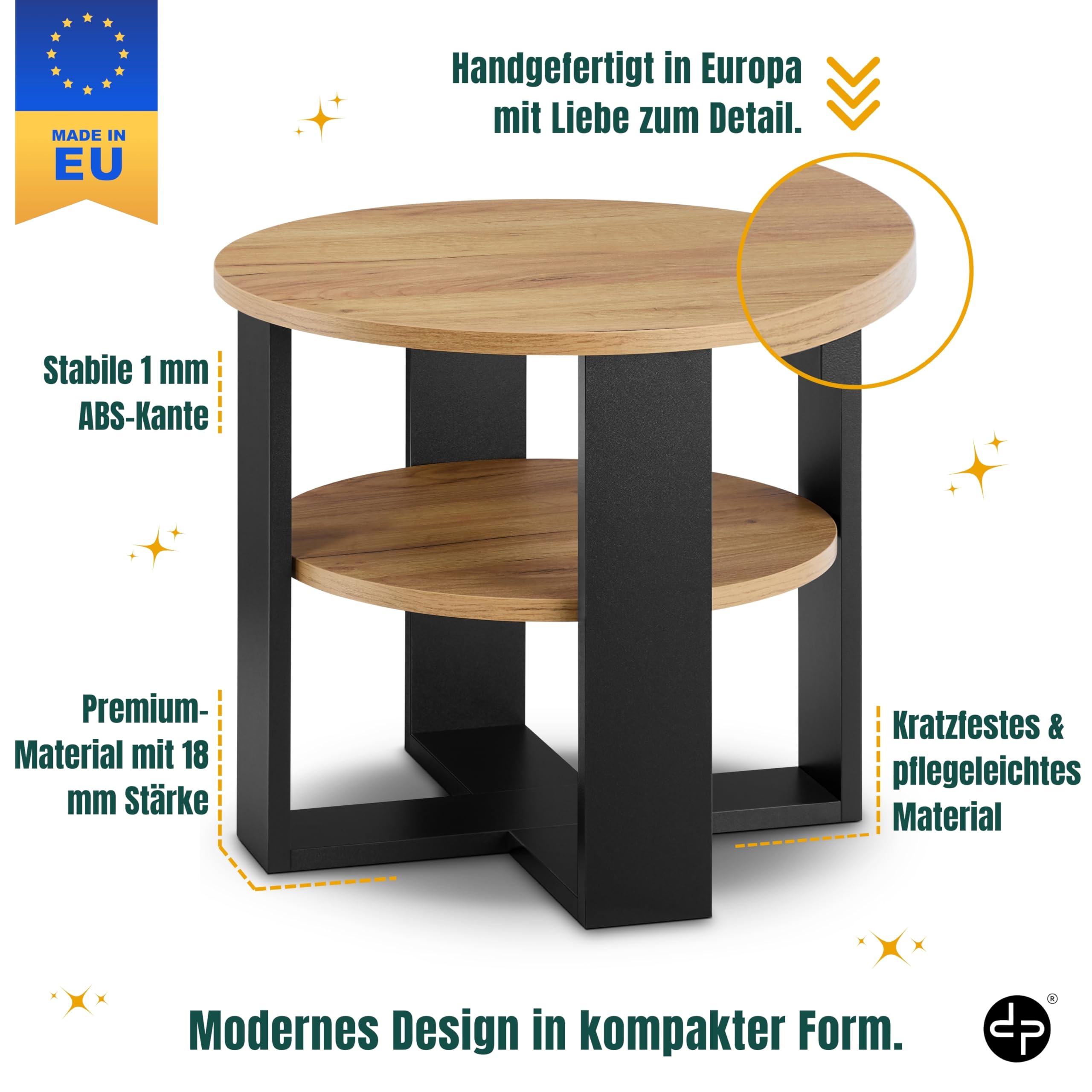 defiPad Couchtisch rund Eiche Ø53 cm - Kleiner Beistelltisch mit Ablage - 2 Ebenen, runder moderner Kaffeetisch im Industrial Design - Hergestellt in der EU