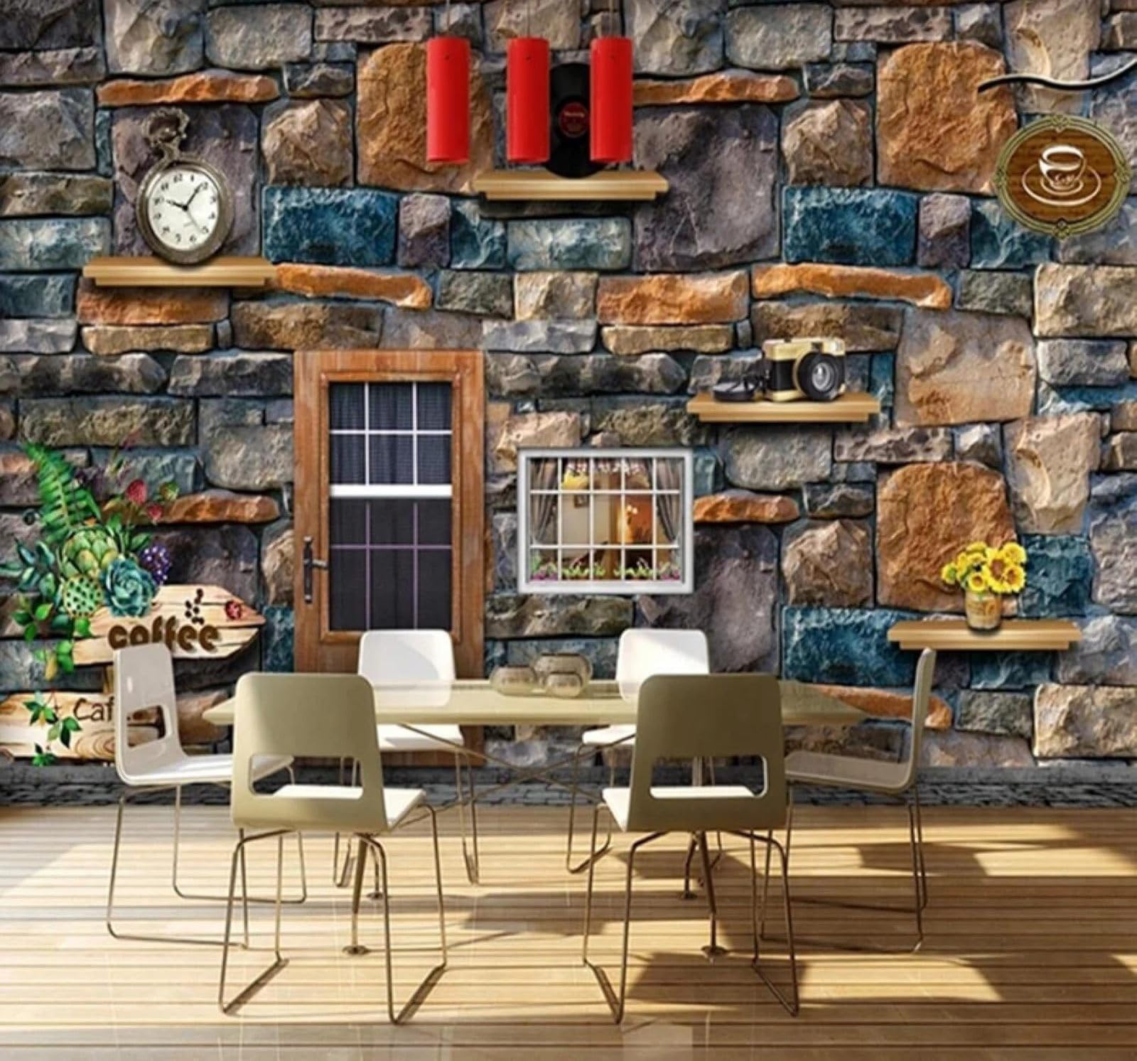 XLMING Vintage Stone Walls Wooden Doors Café Restaurant 3D Wallpaper Silky Texture Home Study Office Grey Dining Room Sofa Bedroom Living Room TV Backdrop-350cm×256cm