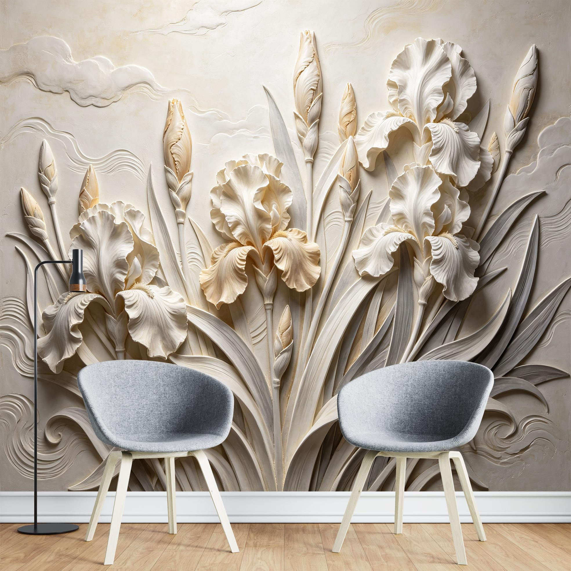 Papier Peint Photo Mural Intissé 3D Motif Iris Crème 265 x 280 cm Décoration Fresque Murale Florale Moderne pour Salon et Chambre.