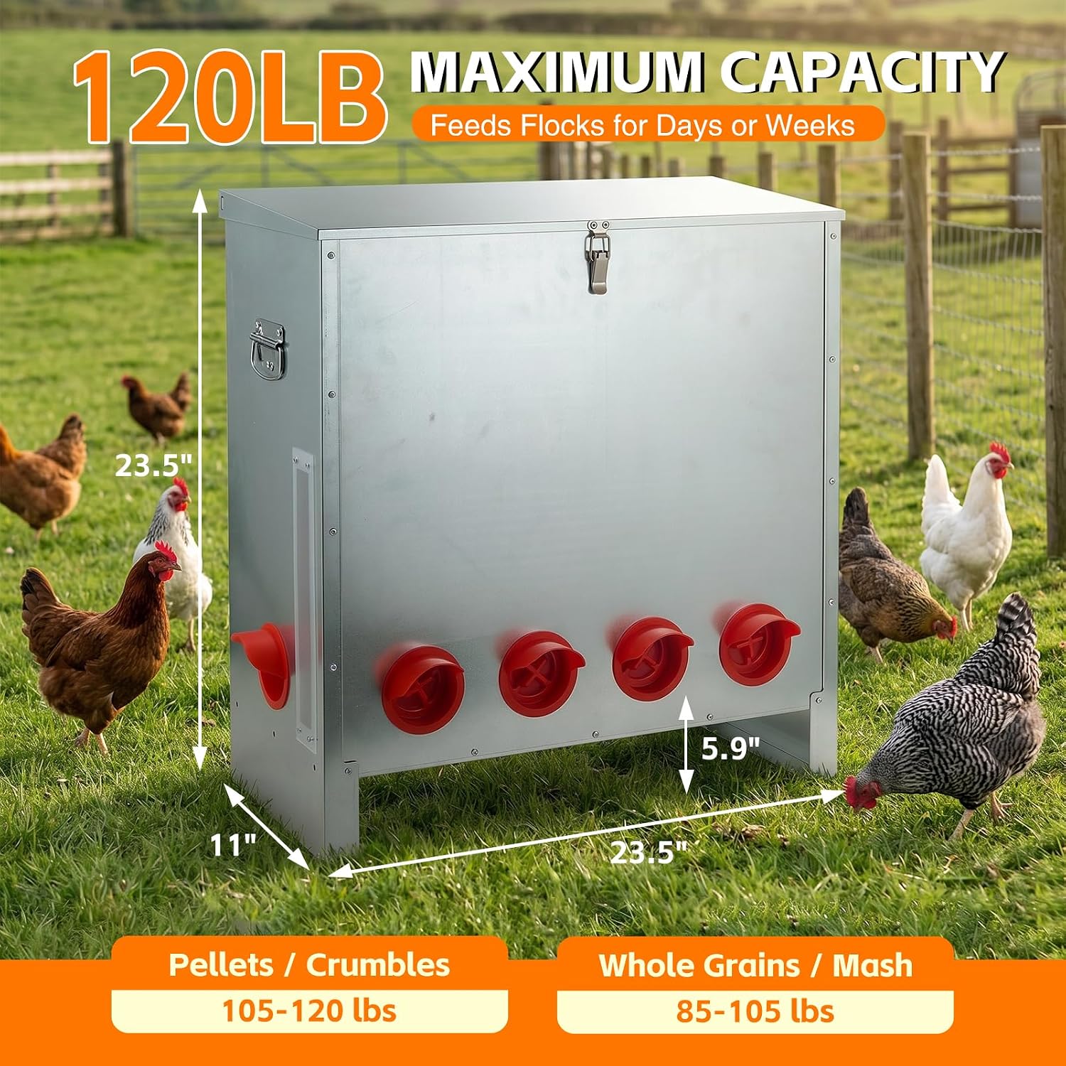 Automatic Chicken Feeder 85-120lbs Capacity, Galvanized Metal Poultry Feeding Equipment, Rainproof & Rodent Proof Large Chicken Food Dispenser for Backyard Coop & Farm Use (10 Ports)