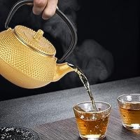 Vista 4 de Agatige Tetera de hierro fundido con infusor, tetera para estufa, teteras de té de hierro fundido dorado, tetera japonesa de tetsubin para estufa