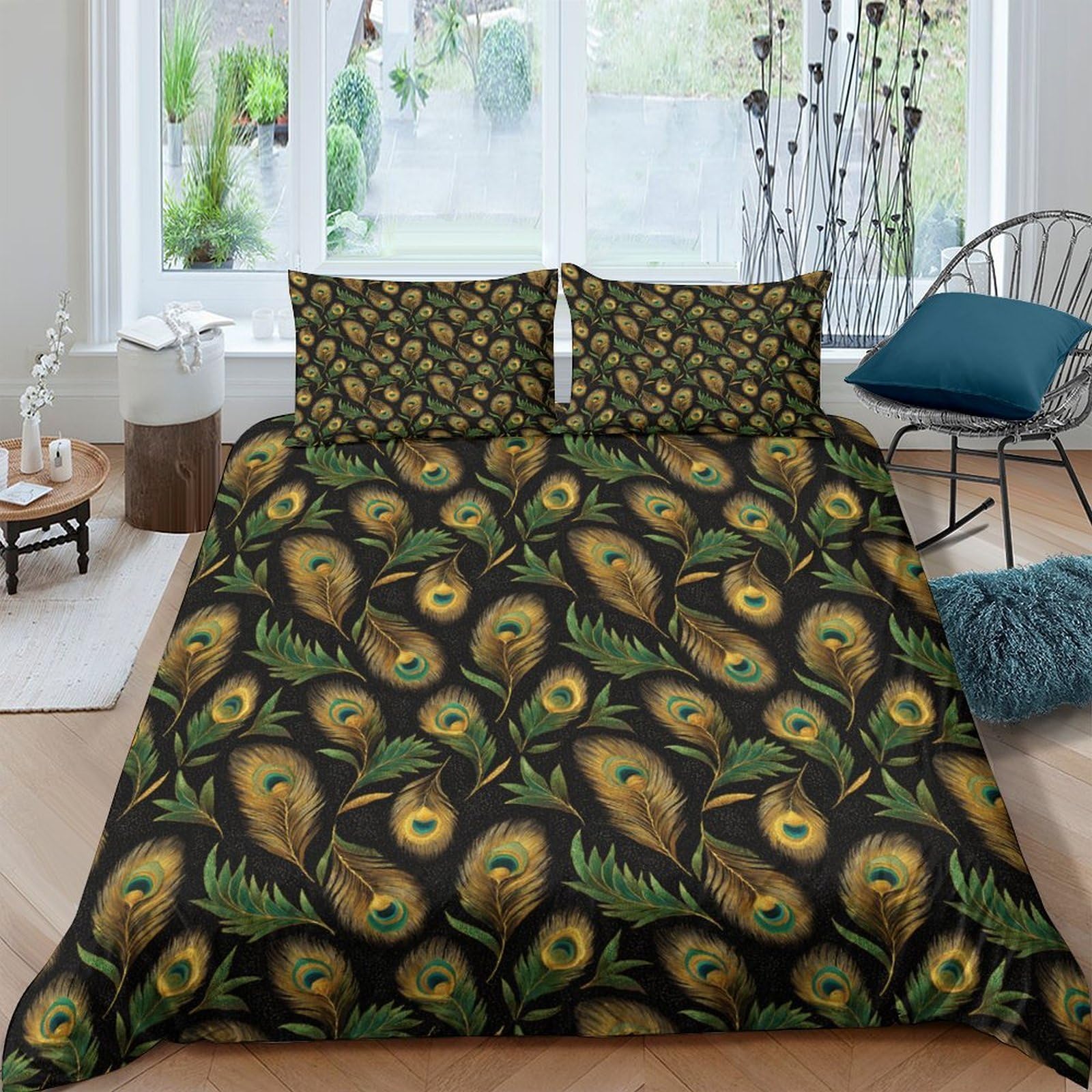 Ctjqhvkz Style-6 3D Printed Peacock Feather Fitted Sheet Microfiber Soft Black Green Mattress Cover Bedroom Decor Easy Care Single（135X200cm）