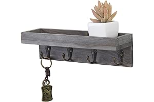 MyGift Floating Wall Shelf with Hooks for Keys and Entryway Storage