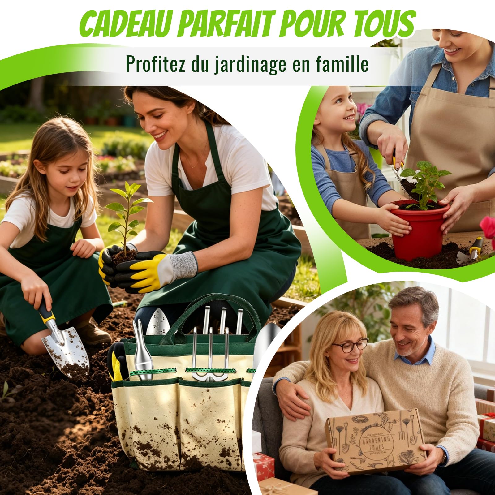 Kit Outils de Jardinage 8 Pièces, Sécateur et Truelle en INOX | Manche Antidérapant, Sac de Rangement, Gants, Râteaux et Désherbeur pour Plantation, Entretien de Fleur et Potager