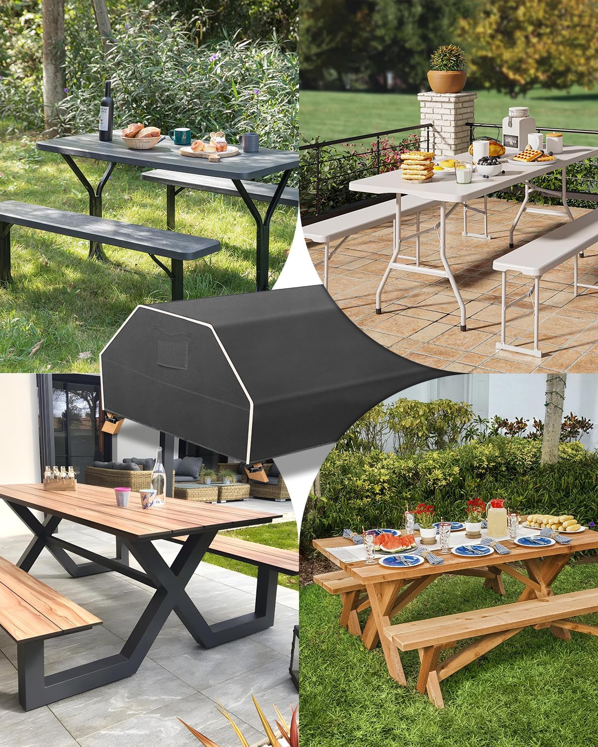 420D Picnic Table Cover with Bench Covers , Outdoor Patio Chair Covers Waterproof Tough Canvas Dust Wind Proof Anti-UV Outdoor Patio Table Bench Cover PU Coating (Black )