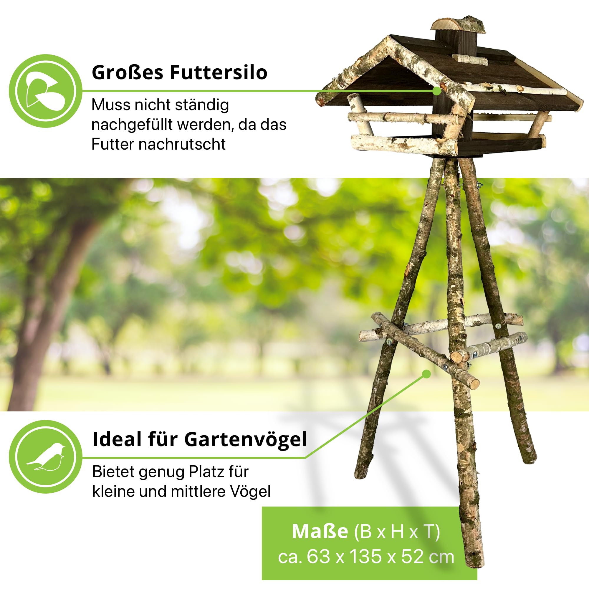 GARTENETAGE Vogelhaus Birke mit Holzdach/Vogelhaus mit Ständer wetterfest und stabil/Vogelfutterhaus mit Ständer/Robustes Vogelhäuschen für Ihren Garten