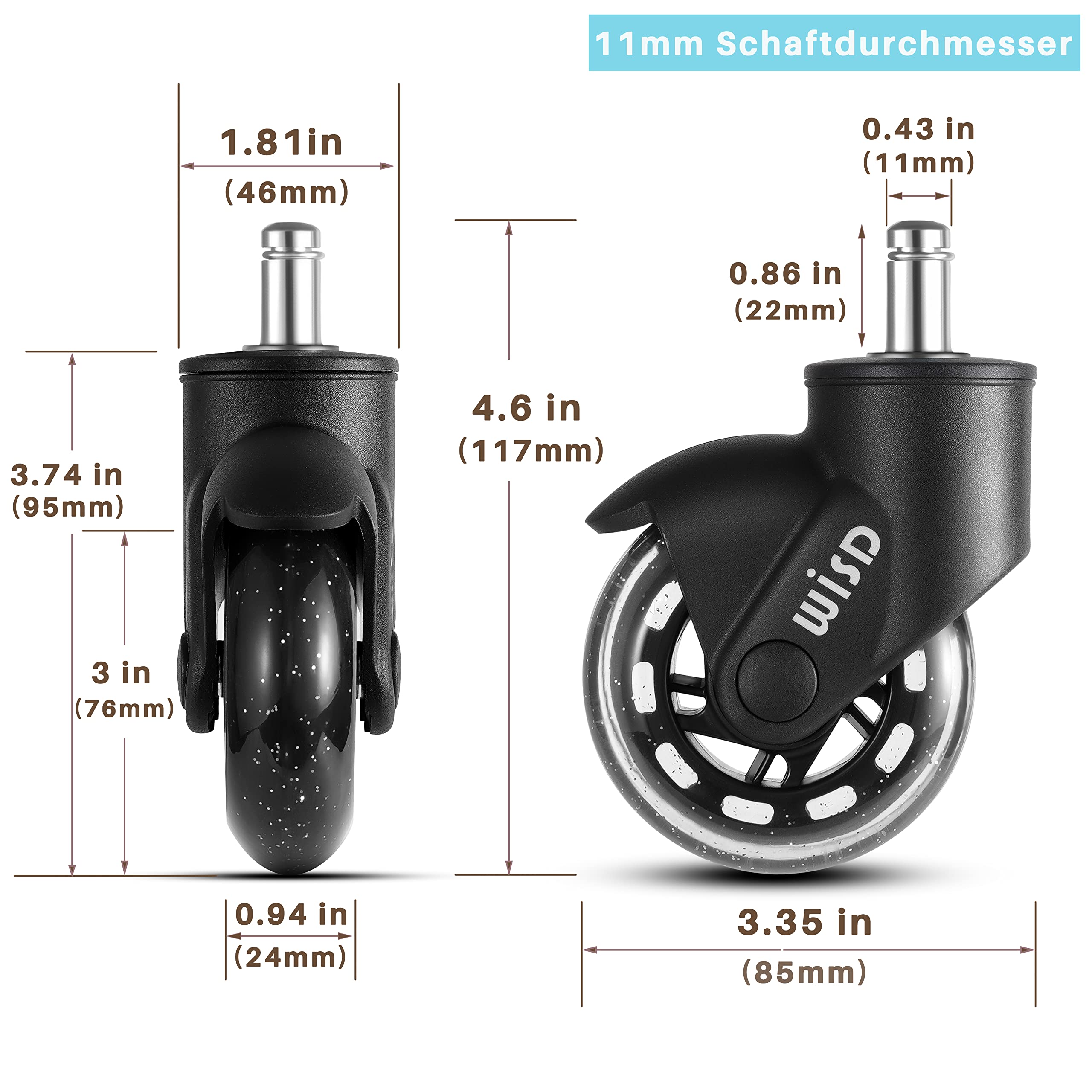 Set Of 5 Office Chair Castors In Hard Floor Castors, Rollerblade Style Rubber Wheels Easy Gliding Office Chair Castors For Most Swivel Chair Frames