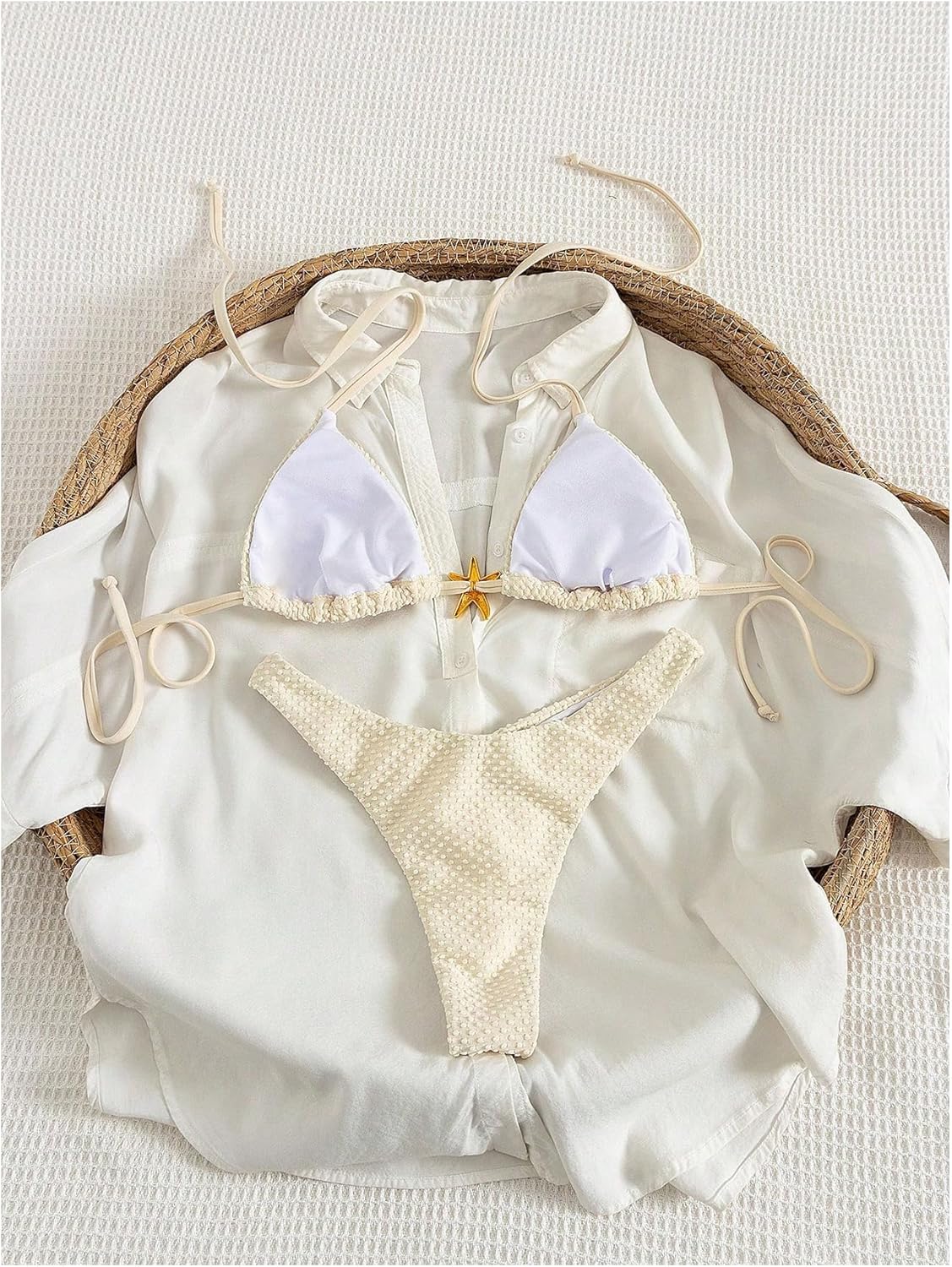 Women's 2 Piece Textured Bikini Set Metal Starfish String Halter Triangle Swimsuit Cheeky Bathing Suit - Image 2