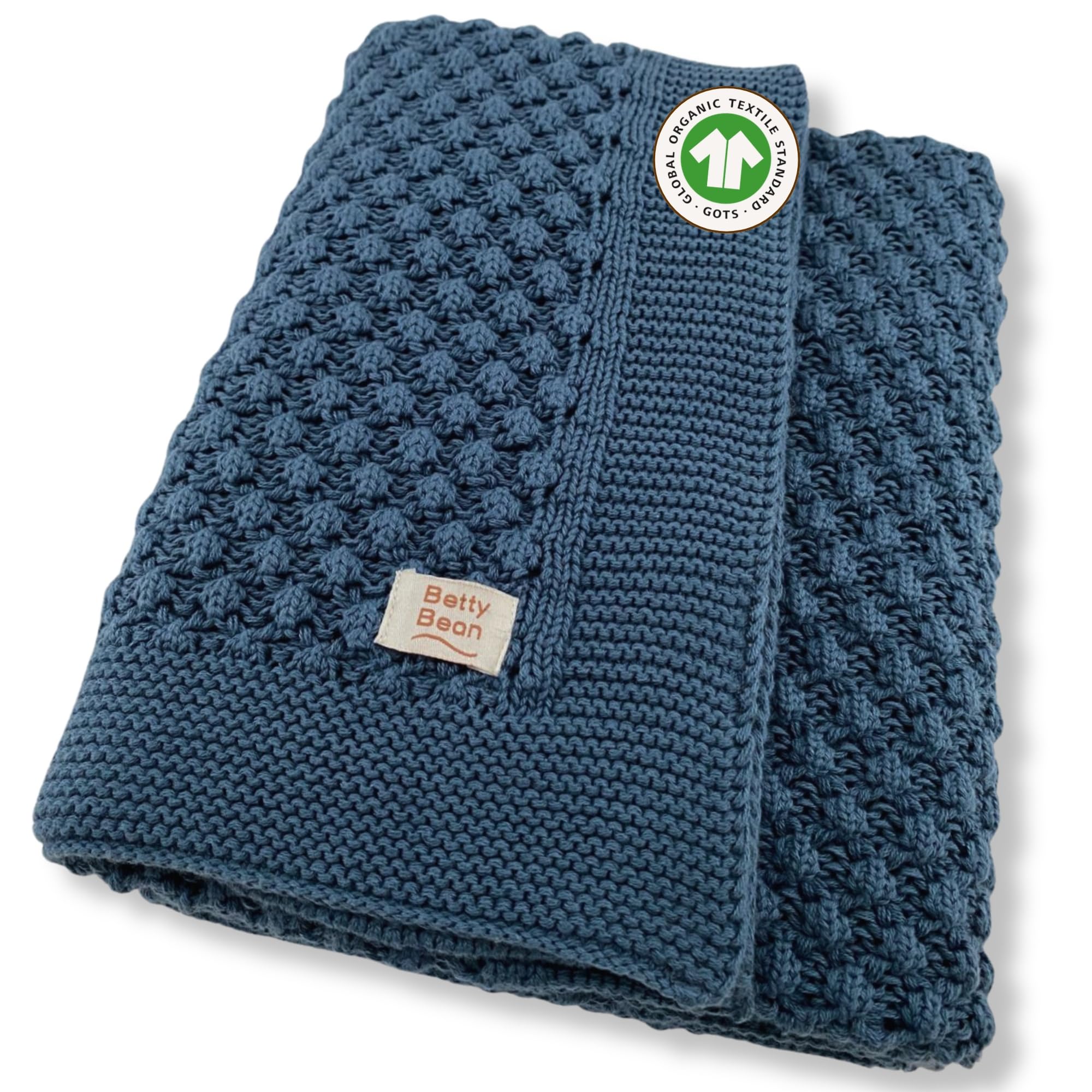 Coperta per neonati in cotone biologico, 100 x 80 cm, maglia spessa, GOTS & Oeko-TEX® Standard 100, facile da pulire 40 °C, passeggino e viaggio, blu fumo