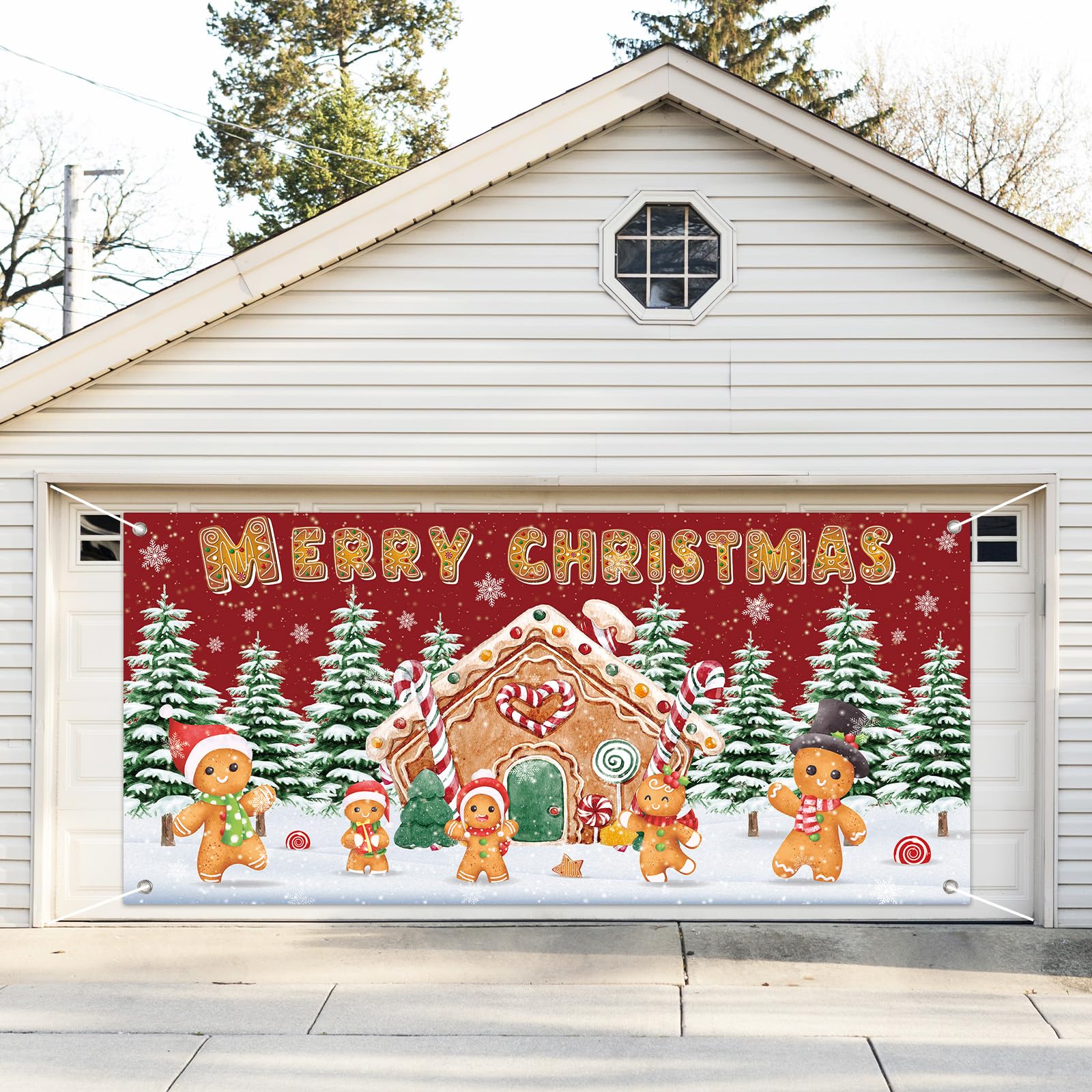 JarThenaAMCS Cartel de puerta de garaje con texto en inglés "Merry Christmas", para árbol de Navidad, hombre de jengibre, 6 x 13 pies, letrero grande nevado para patio interior y exterior, fiesta en