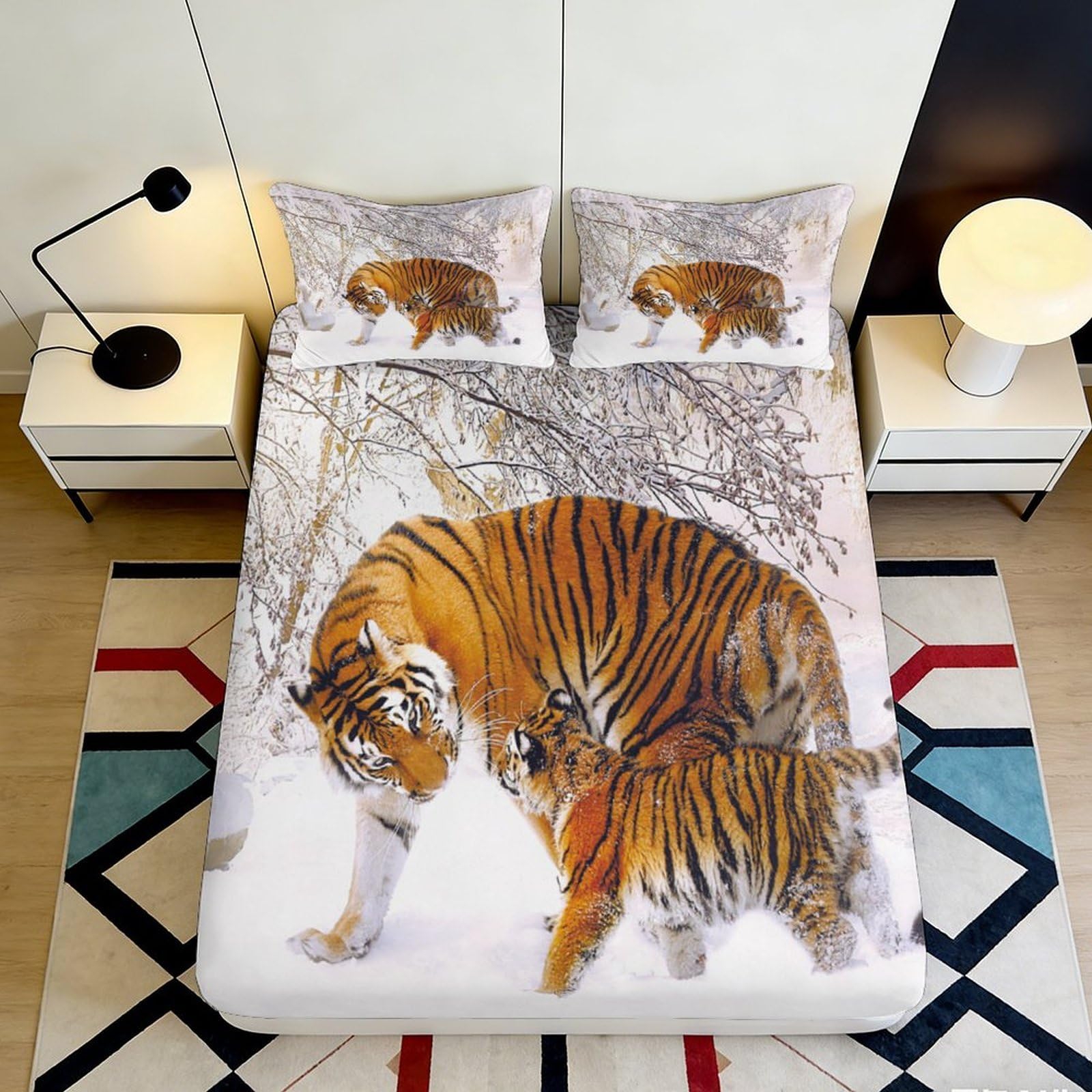 3D Printed Tiger Winter Forest Fitted Sheet Microfiber Anti-Slip Mattress Cover for Bedroom Guest Room Decor 120x200cm 180x200x25cm