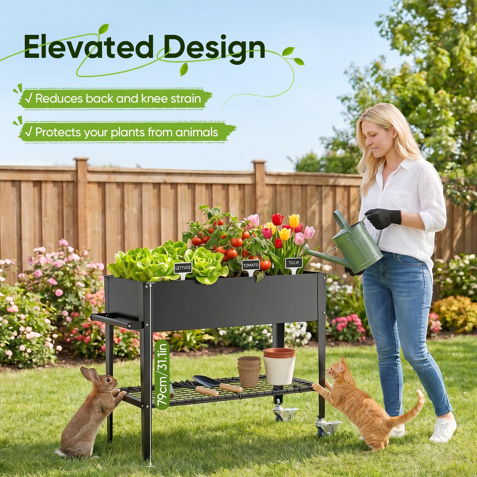 Aiuola rialzata in metallo con ruote e ripiano, 111 x 57 x 79 cm, fioriera da giardino con inserto, fori di drenaggio e attrezzi, aiuola per verdure, vaso per erbe aromatiche per il giardino del