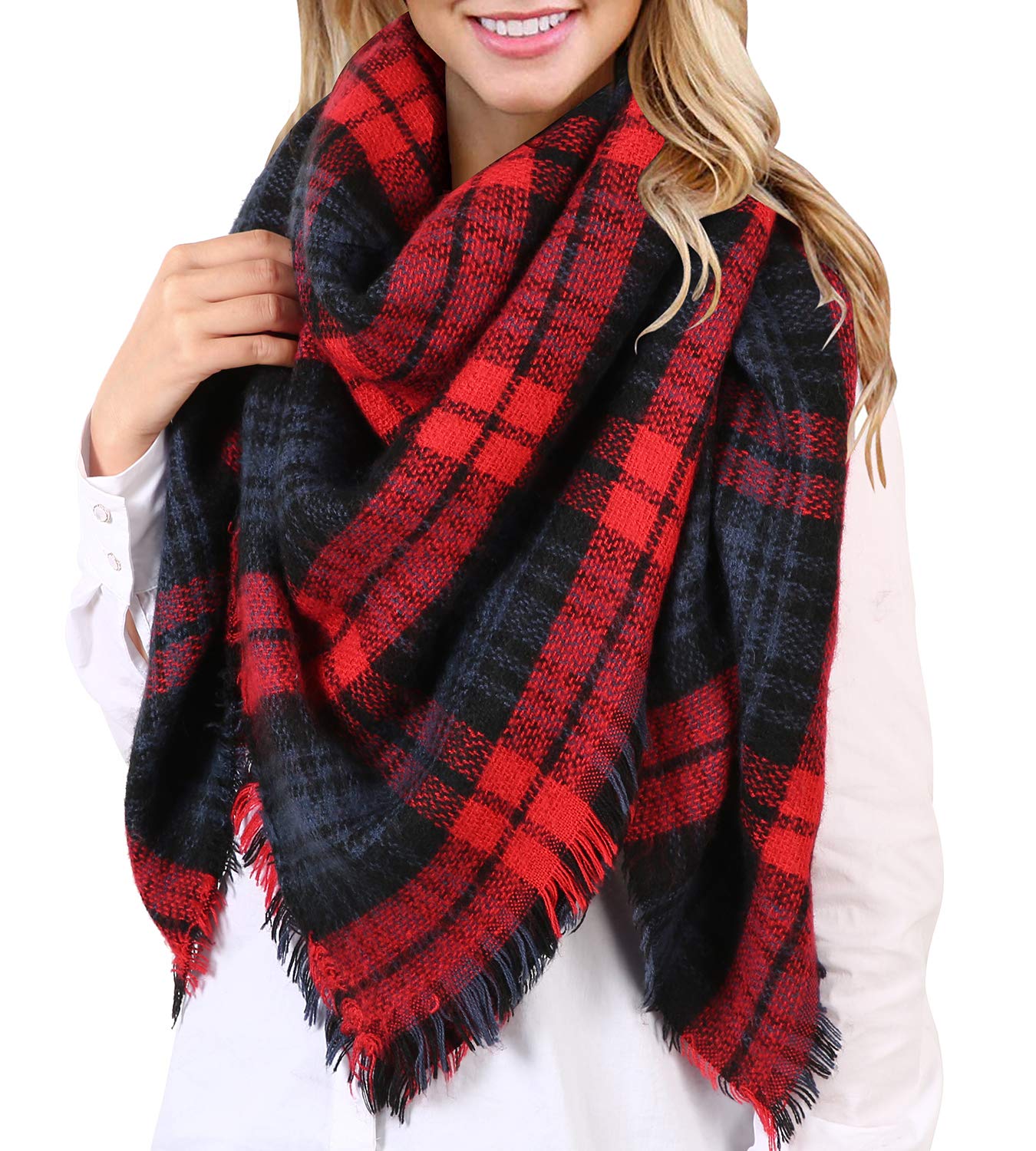 Women Plaid Blanket Scarf Winter Warm Square Oversized Tartan Shawl Wraps Large Cozy Knitting Scarves - Multicoloured - One Size
