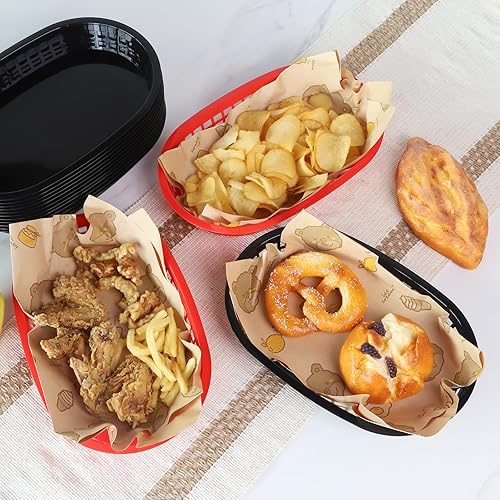 Miniatura 5 de Pistole Paquete de 12 cestas de comida rápida de 10.5 x 7 pulgadas, canastas ovaladas de plástico rojo y negro, bandeja de almacenamiento
