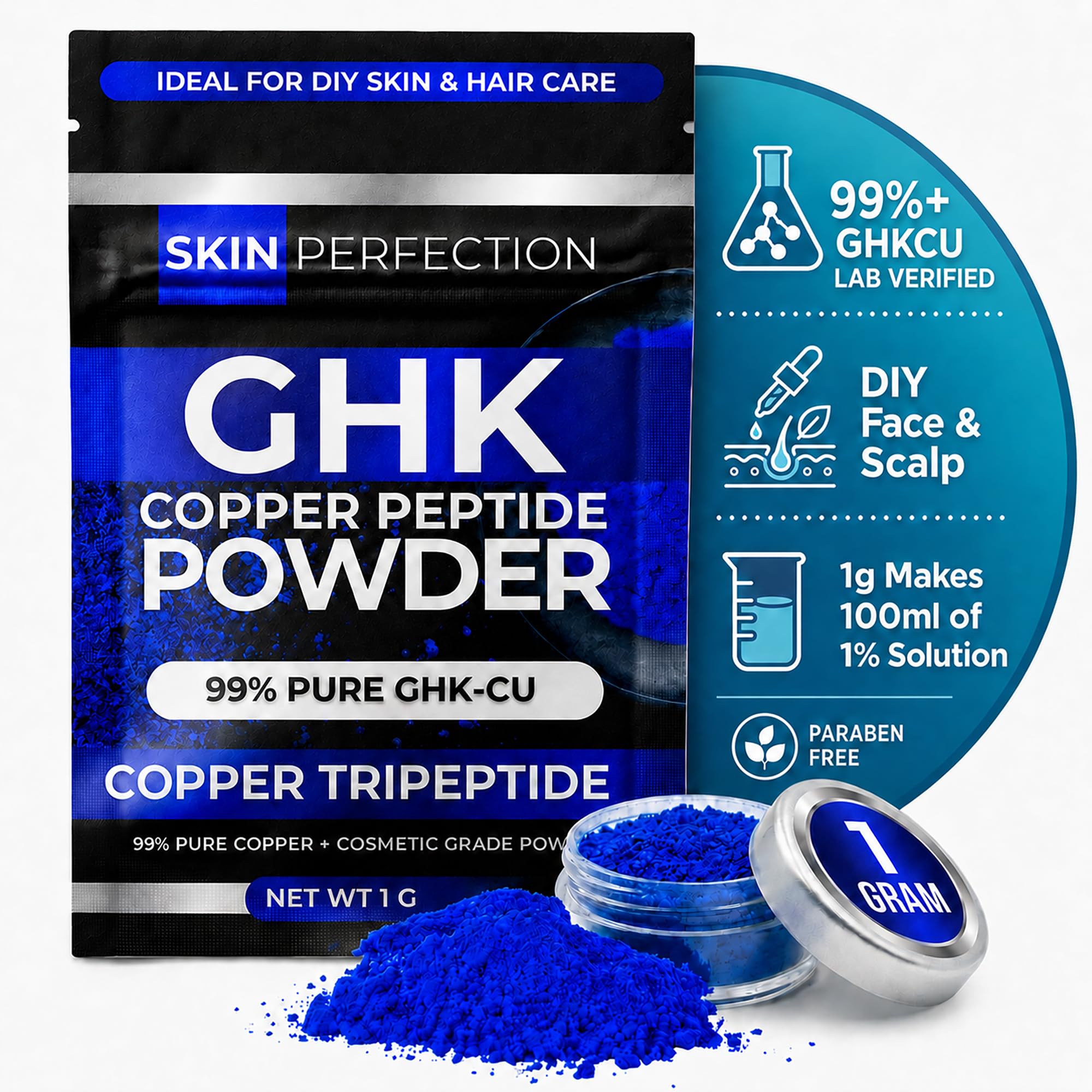 GHK-Cu Copper Peptides Powder 99.7% Pure, 1g Makes 100ml - Skin Perfection