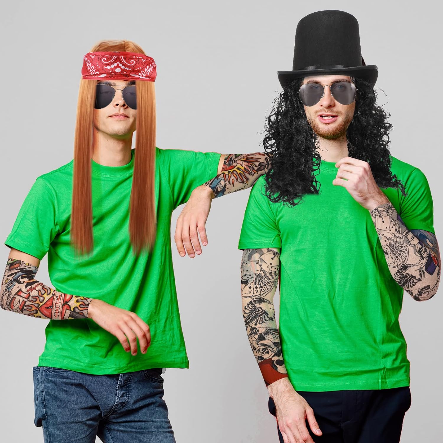 Cindeer 8 Pcs Halloween 80s Rocker Costume Men Set Include Rocker Slash Wig Black Top Hat Temporary Tattoo Sleeves Bandana Sunglasses for Men Rock Costume 80s Outfit Punk Party Disco Cosplay