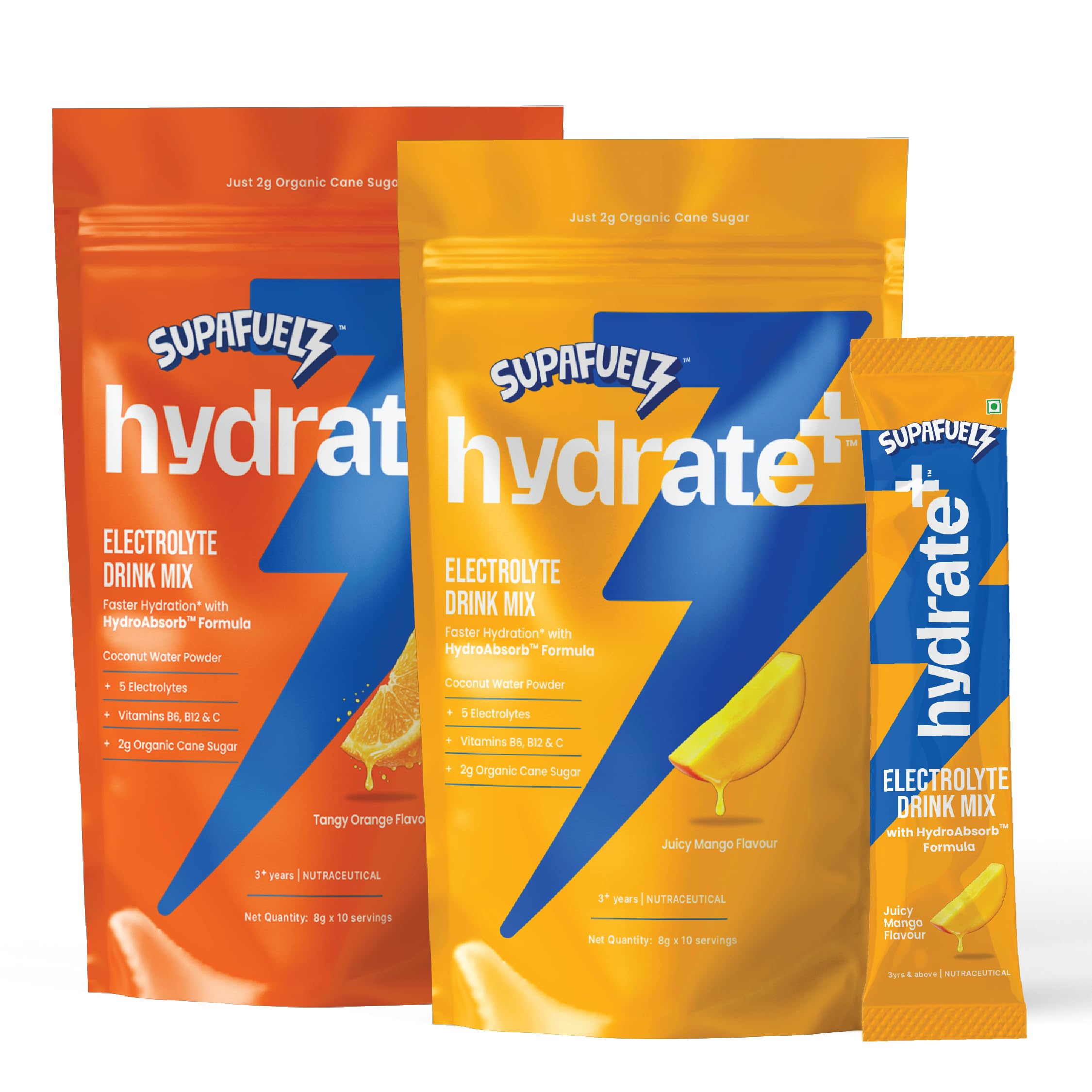 [BRSRY2Y3CR5BSEQZ] Hydrate+ Kids Hydration Drink Mix Combo Pack | 5 Electrolytes + Vitamins C, B6 & B12 | Coconut Water Powder | Just 2g Organic Cane Sugar | Juicy Mango (10 Sachets) + Tangy Orange(10 Sachets)