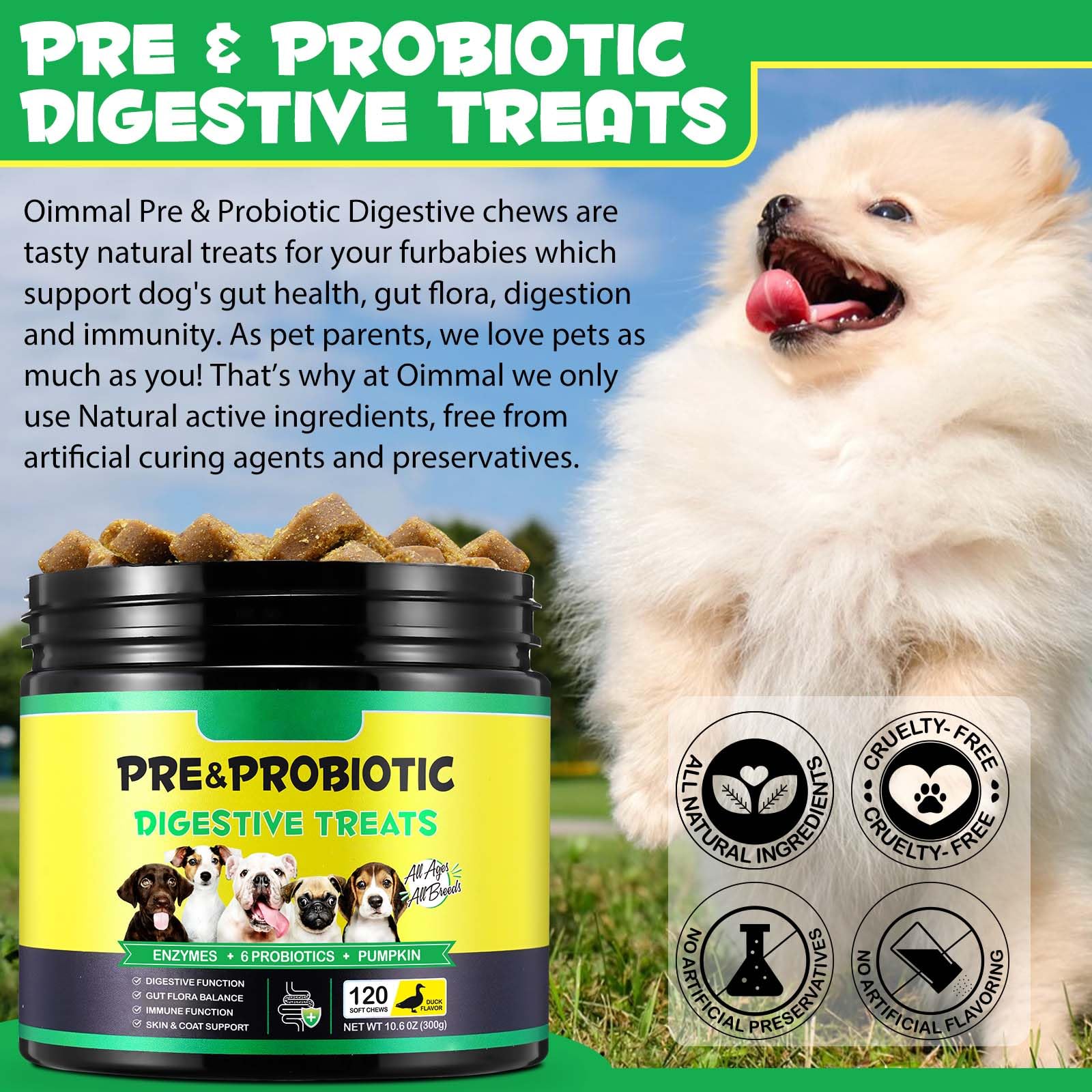 Generico Probiotico per Cani, Probiotico Digestivo per Cani, Supporto Intestinale, Allergie Stagionali, Equilibrio dei lieviti, Pelo Lucido e Difese Immunitarie, Anatra (120 Chews)