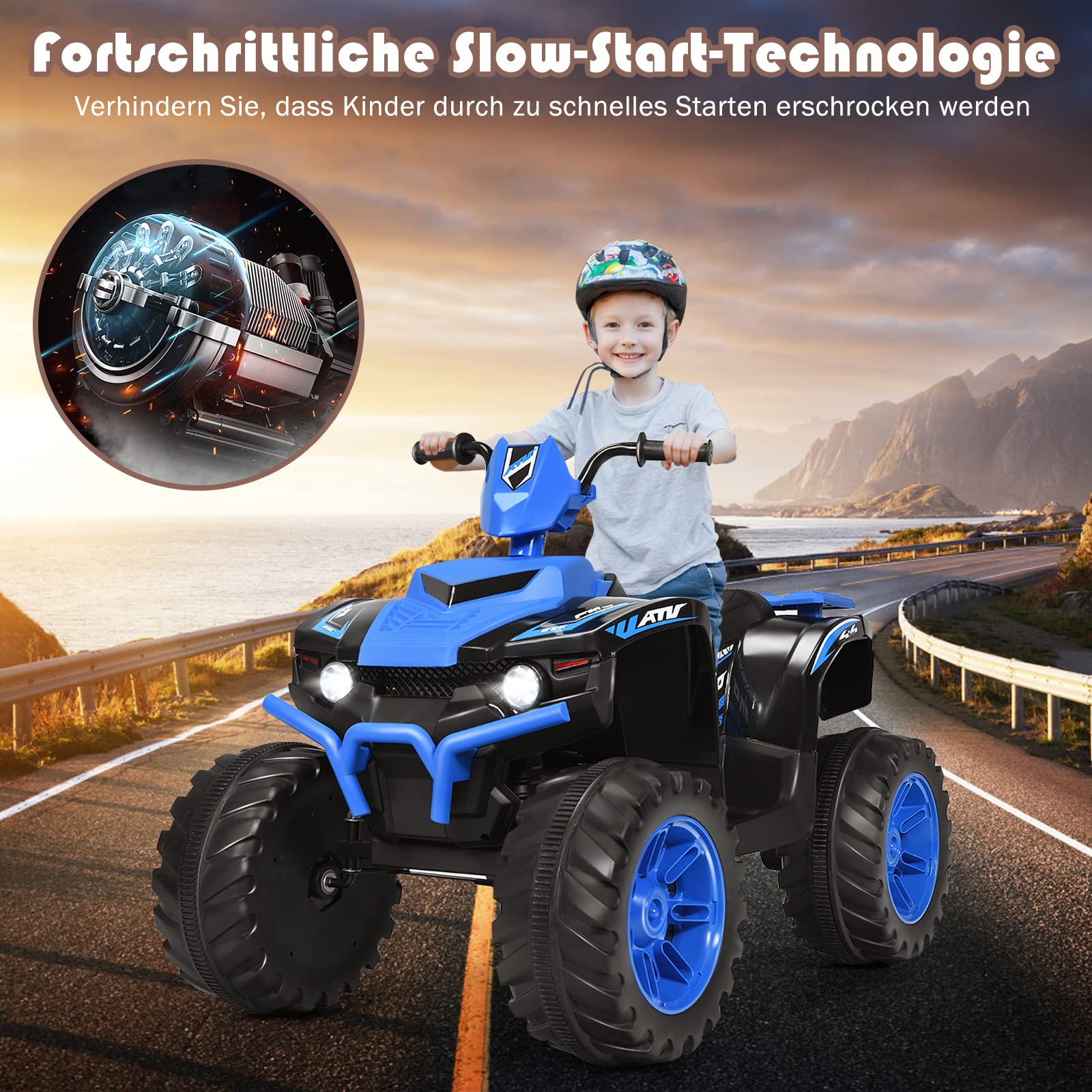 GOPLUS 12V Kinder Elektroquad, Batteriebetriebenes Auto mit LED-Scheinwerfern, Musik, Hupe, USB, Bluetooth, Radio, Langsamer Start, Hohe/Niedrige Geschwindigkeit, Quad Motorrad (Blau)