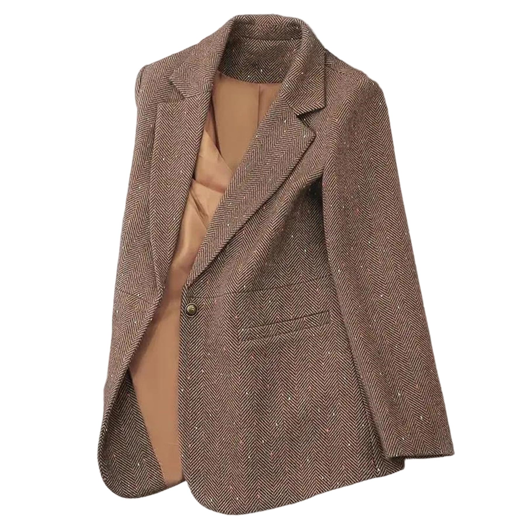 Womens Thick Warm Wool Blazer with Pockets Notched Lapel Long Sleeve Button-Down Coat Office Work Professional Outfits