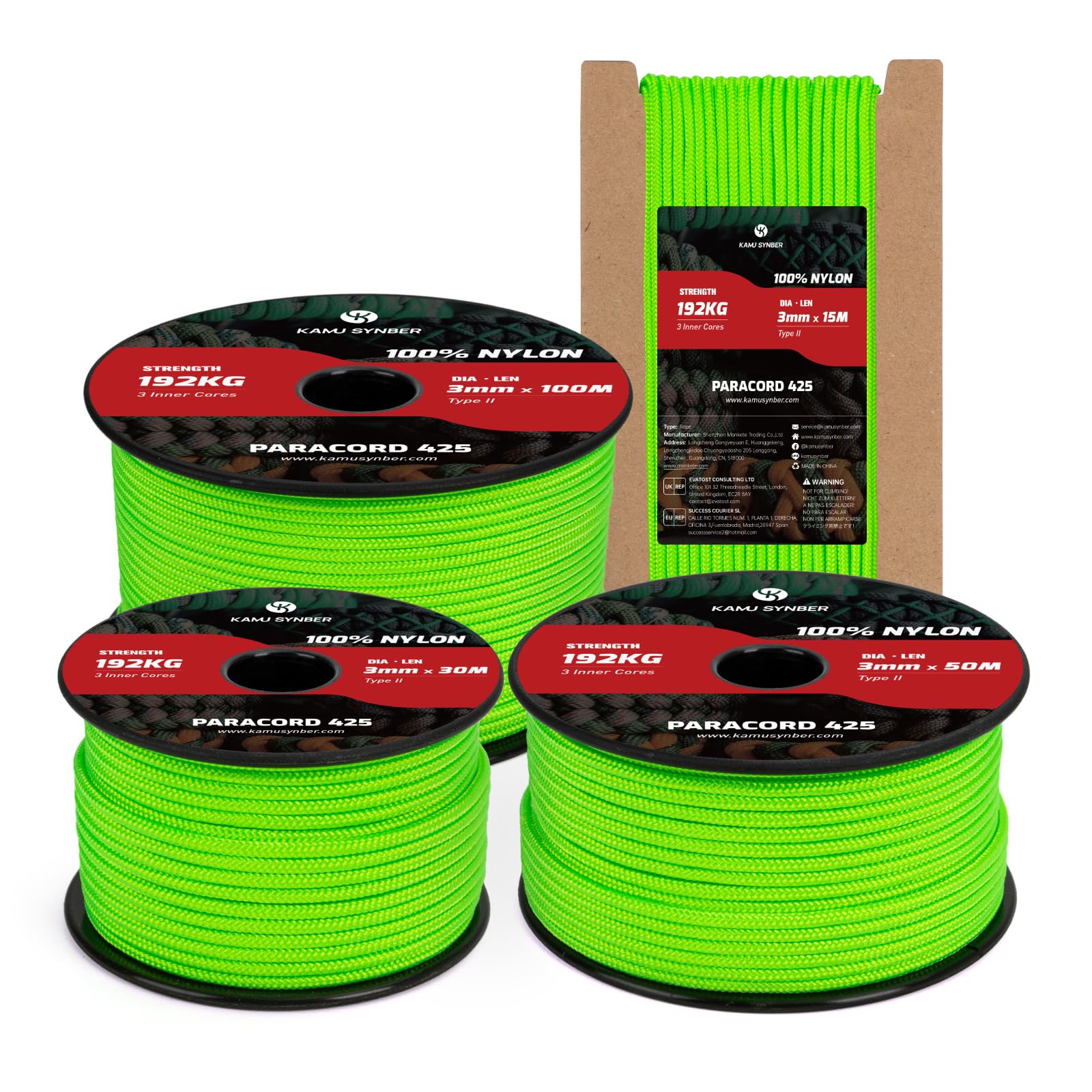Kamu Synber 425 Paracord 3mm x 30m 100% Nylon Rope 3 Strands Parachute Cord Type II for Outdoor, Crafting, DIY | Support 192kg | Neon Green