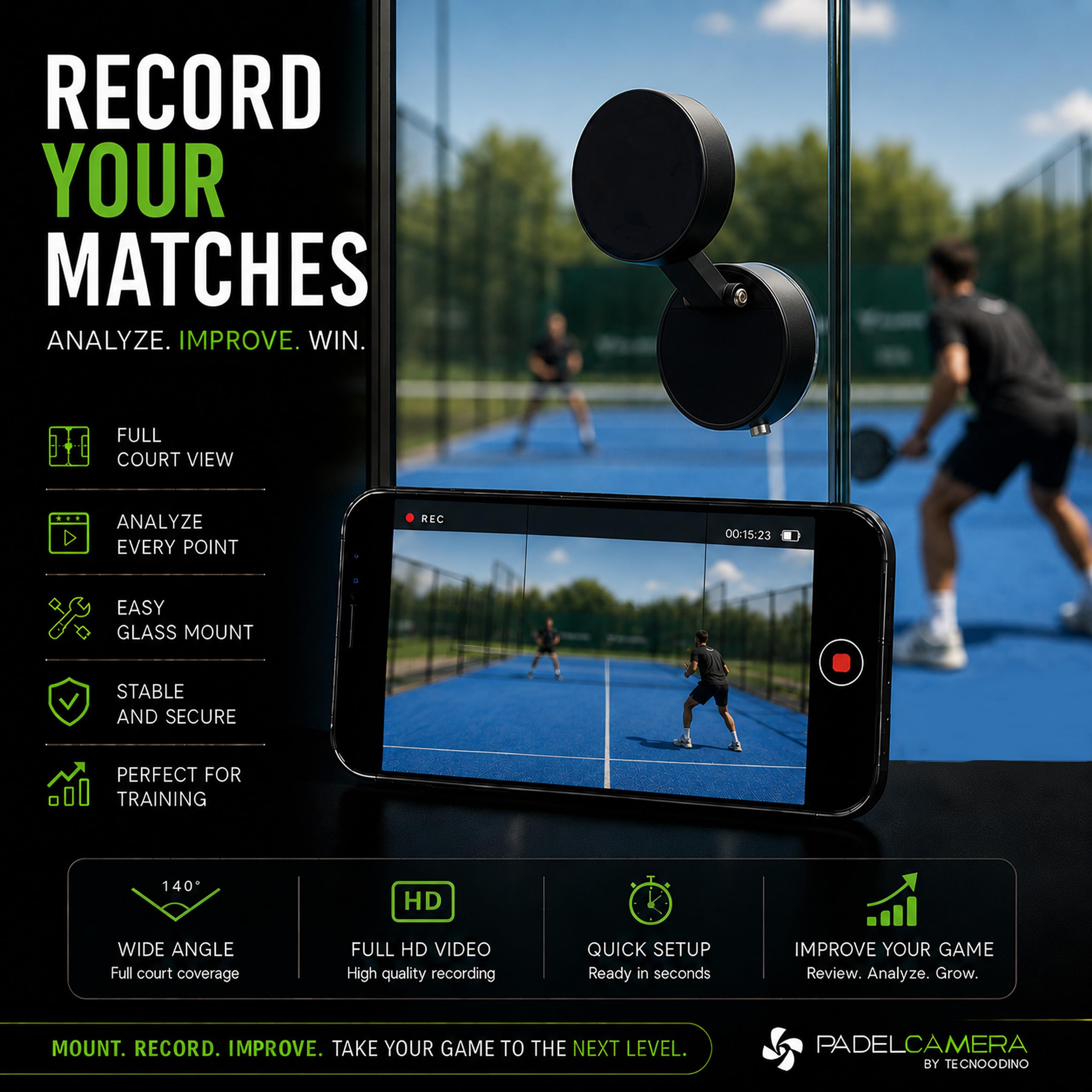 Padelcamera Supporto Cellulare Magnetico 360 gradi | Padel, Gym, Crossfit | Ventosa Potente | iPhone 16/15/14/13/12 e Samsung (Bianco)