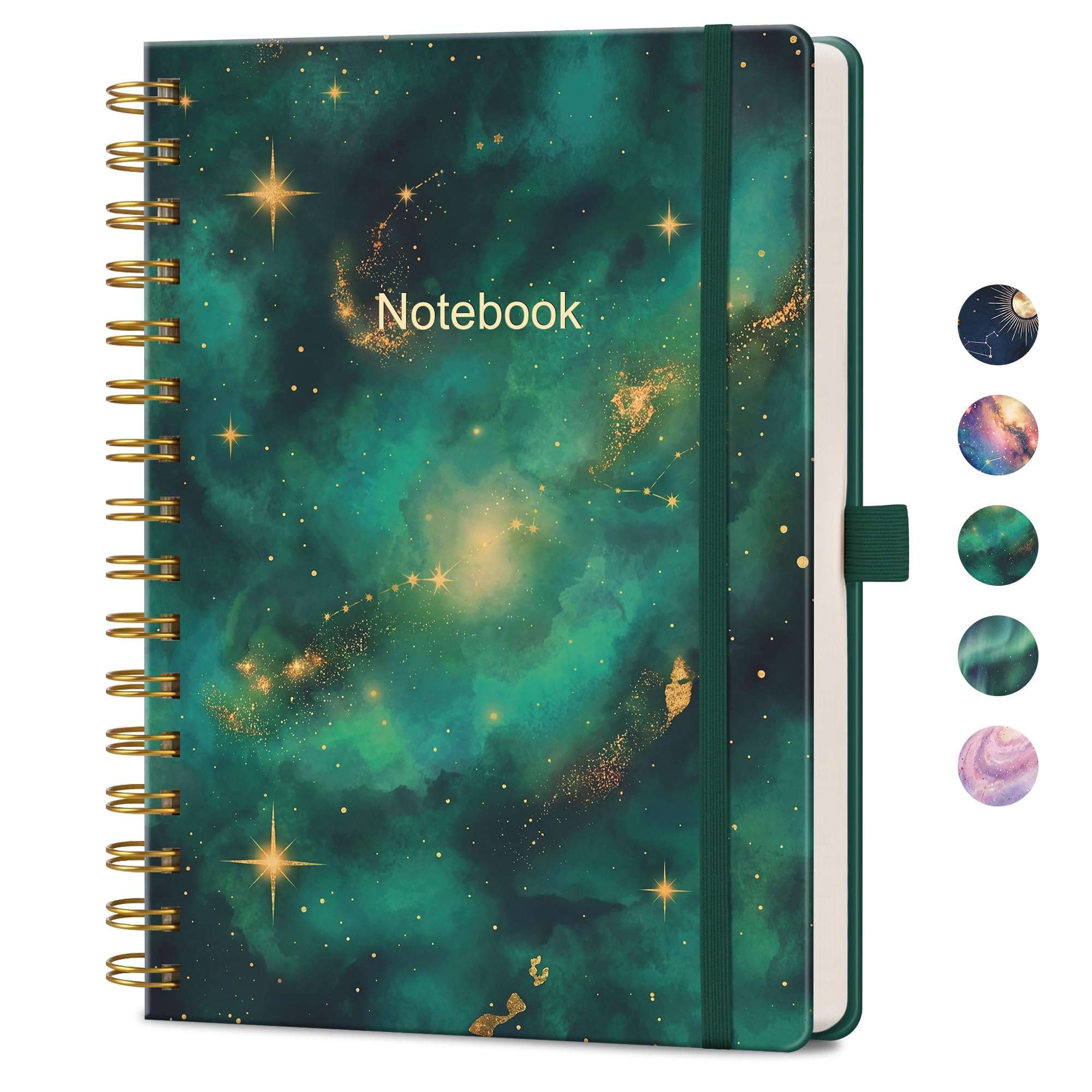 EMSHOI A5 Spiral Notebook, 160 Lined Pages, Hardcover, Green Gold Aurora