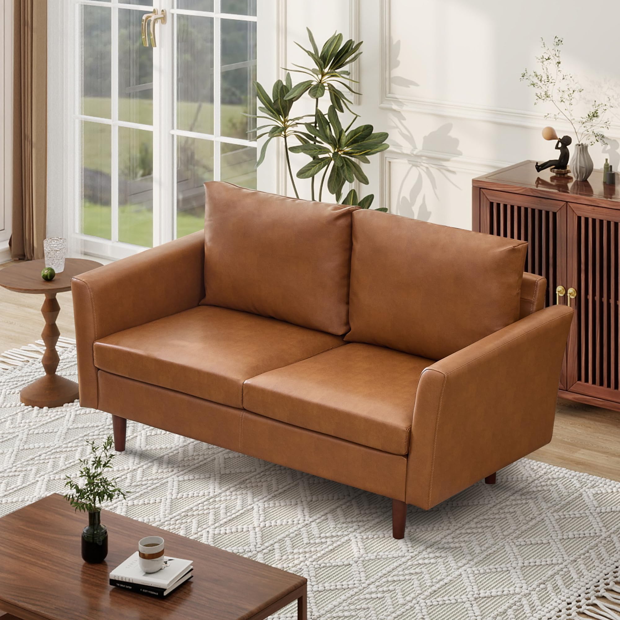 Tbfit Loveseat, Faux Leather Sofa, Couches for Living Room, Bedroom & Office, Brown