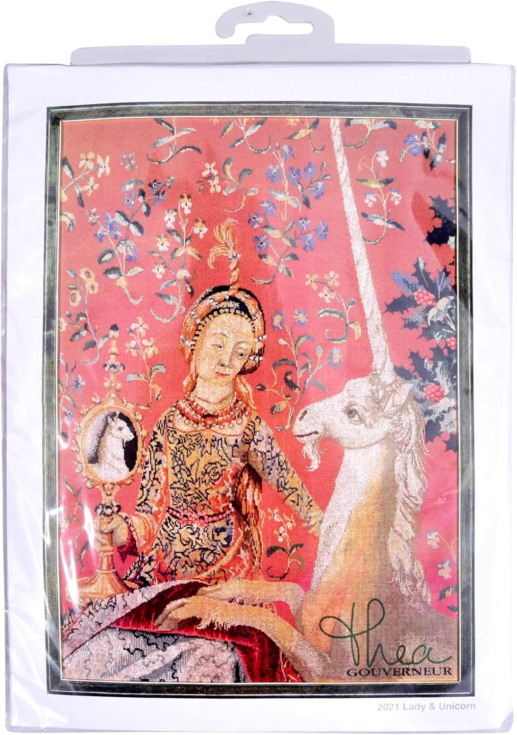 Thea Gouverneur - Counted Cross Stitch Kit - Lady & Unicorn - Jobelan - 27 Count - Embroidery Kit for Adults - DMC Embroidery Threads and Other Cross Stitch Supplies Included - 2021