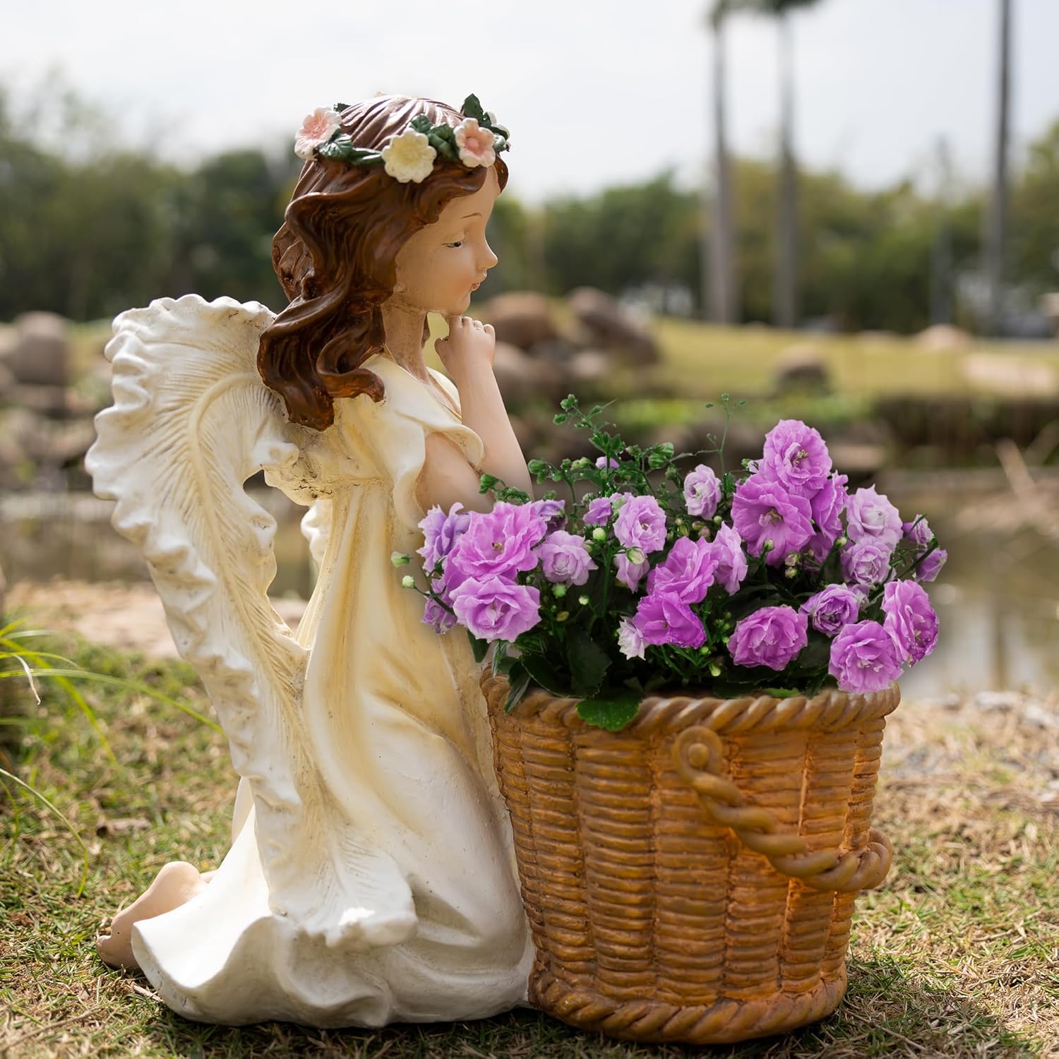 Garden Angel Planter, 11.8 inch Decorative Resin Fairy Flower Pot, Hand Painted Outdoor Patio Figurine